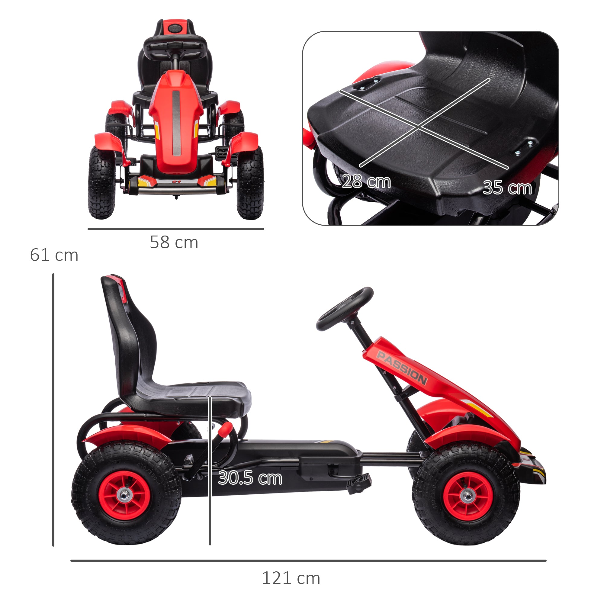 HOMCOM Children Pedal Go Kart, Kids Ride On Racer with Adjustable Seat, Inflatable Rubber Tyres, Handbrake, for Ages 5-12 Years - Red - North Peak Garden Furniture
