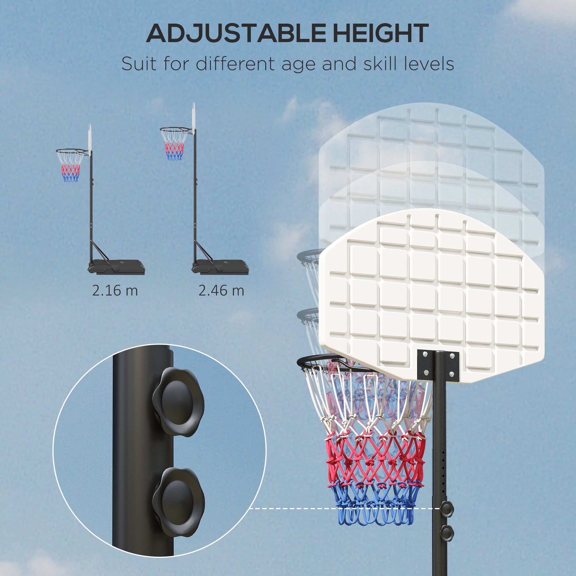 SPORTNOW Adjustable Basketball Stand Net System, with Wheels, Enlarged Base, PE, Backboard, 179-209cm - North Peak Garden Furniture