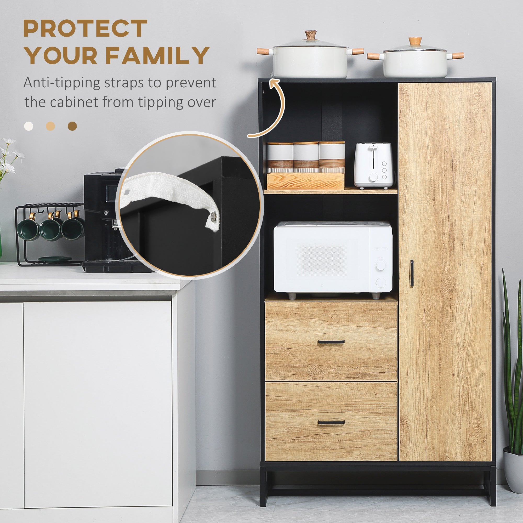 HOMCOM Kitchen Cupboard, Freestanding Storage Cabinet with Soft Close Door, Microwave Stand with Adjustable Shelves and Drawers, for Living Room, Dining Room, 160cm, Natural and Black - North Peak Garden Furniture