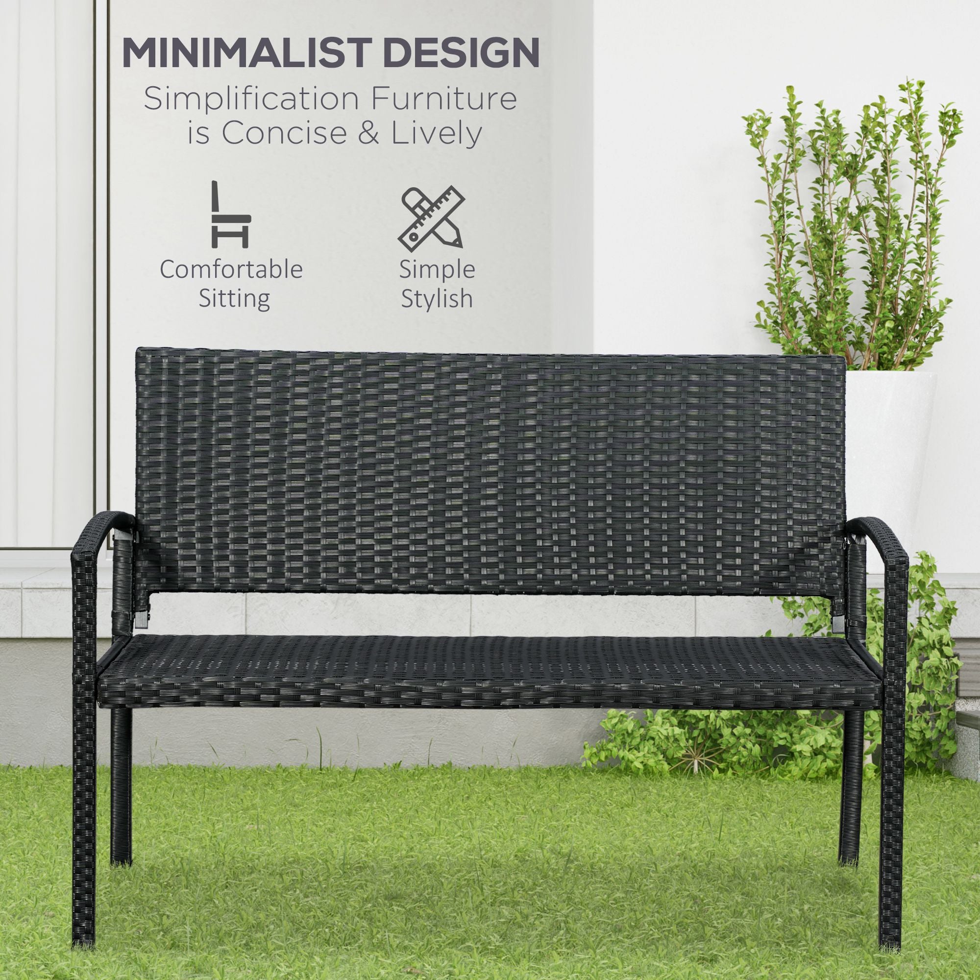 Outsunny Patio Rattan 2 Seater Garden Bench Wicker Weave Love Seater Armchair Furniture Outdoor Garden Conservatory Chair Black - North Peak Garden Furniture