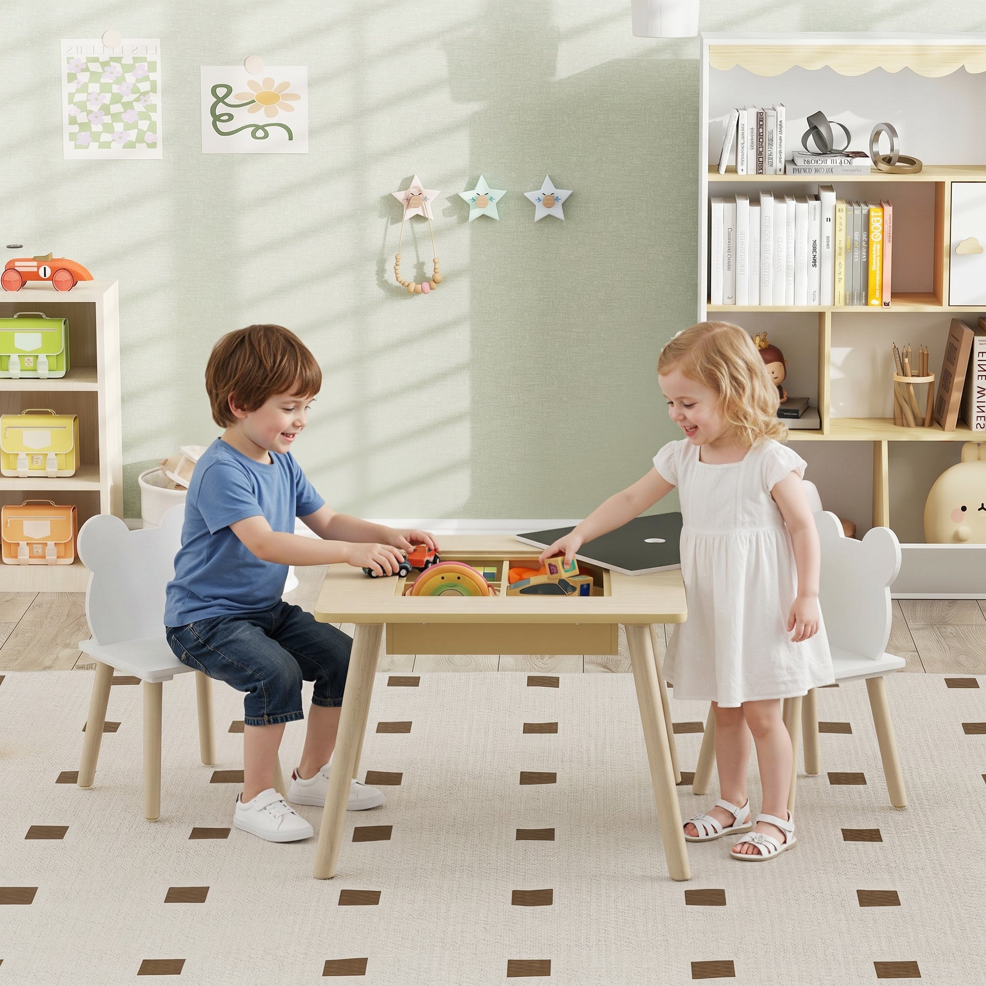 AIYAPLAY 3-Piece Kids Table and Chairs Set with Convertible Desk and Storage Grid, Kids Activity Table for Nursery, Playroom