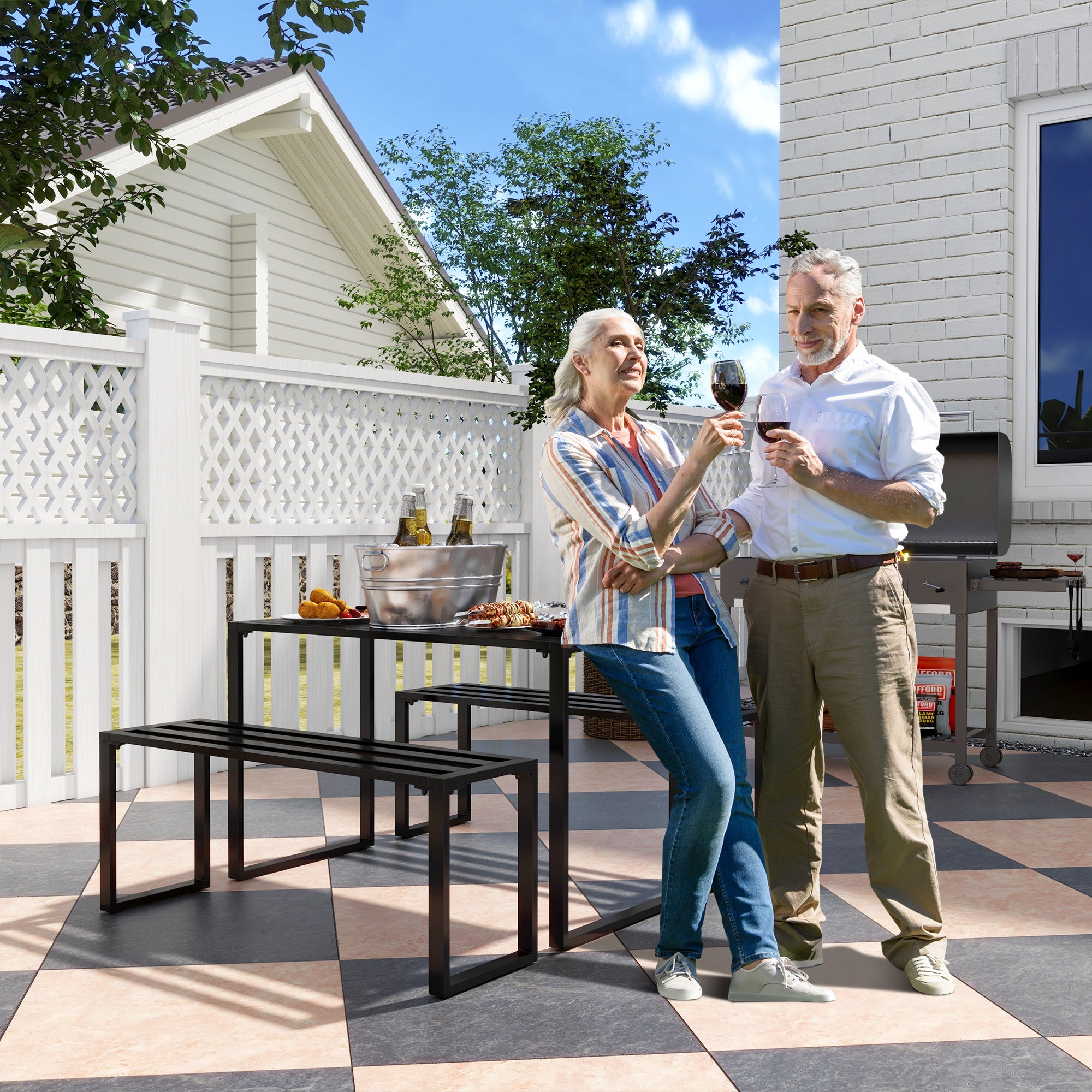 Outsunny 3 Pieces Picnic Bench Set with Table and 2 Benches, Slated Design Dining Trestle Beer Table and Seat, Black - North Peak Garden Furniture