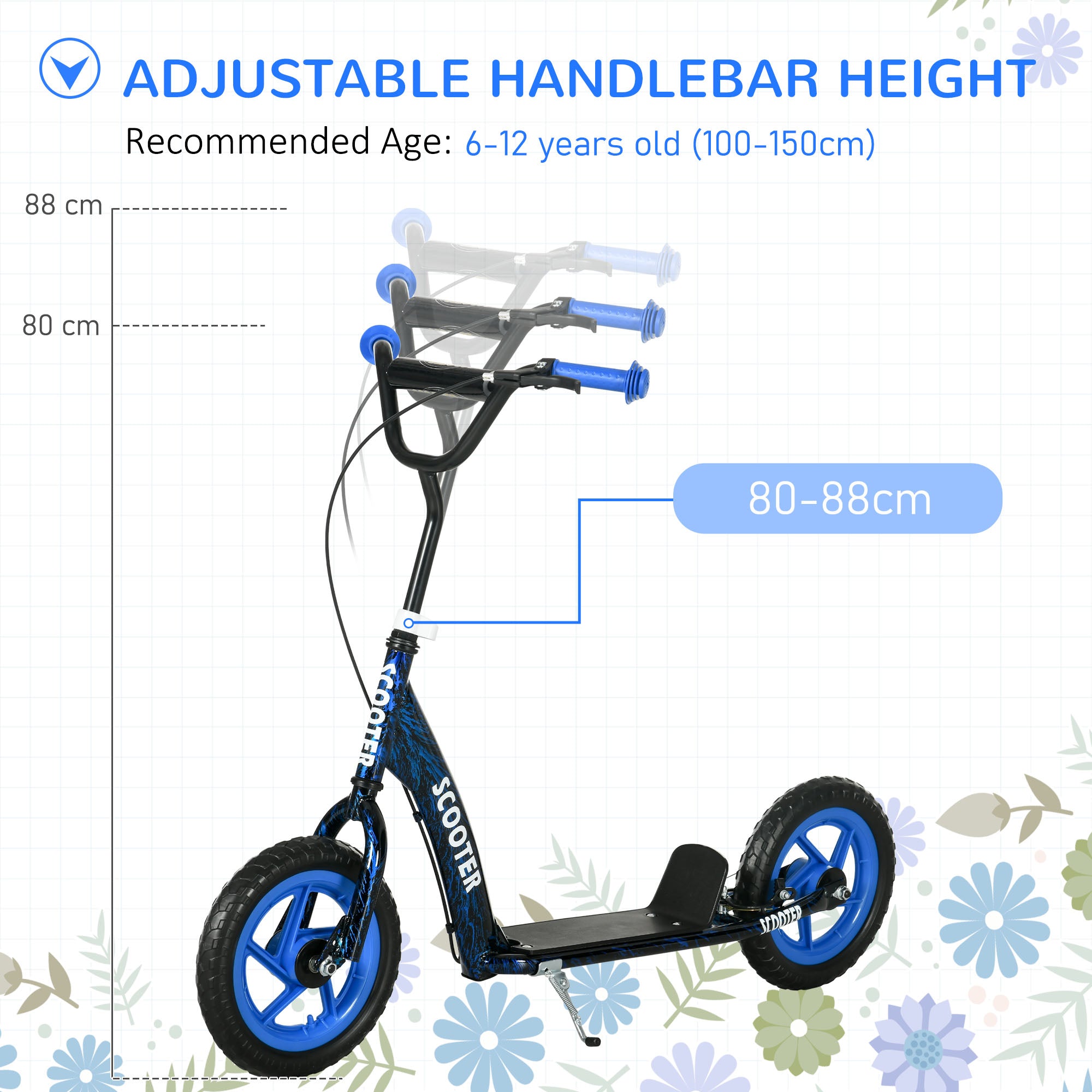 AIYAPLAY Kids Scooter with Adjustable Handlebar, Children's Kick Scooter with Non-slip Footplate, Rear Brake, Kickstand, Blue - North Peak Garden Furniture
