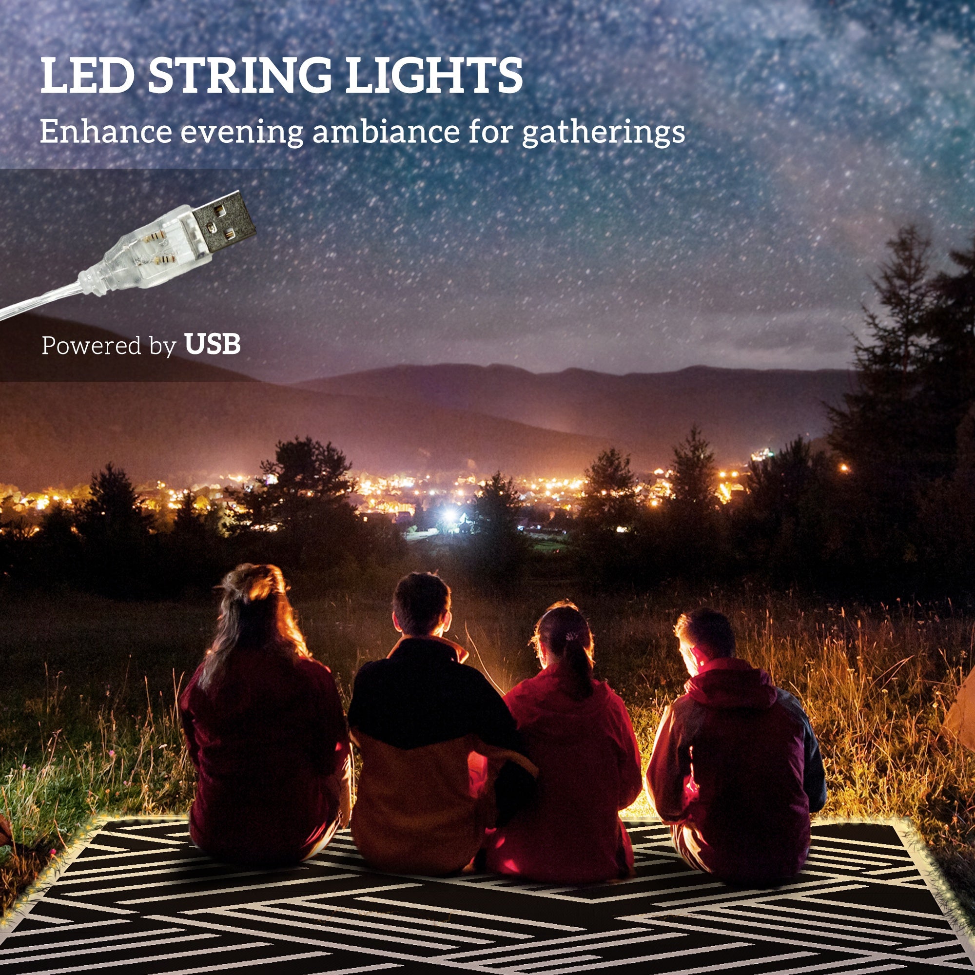 Outsunny Plastic Straw Reversible RV Outdoor Rug with LED String Light, 182 x 274cm, Black and Coffee - North Peak Garden Furniture