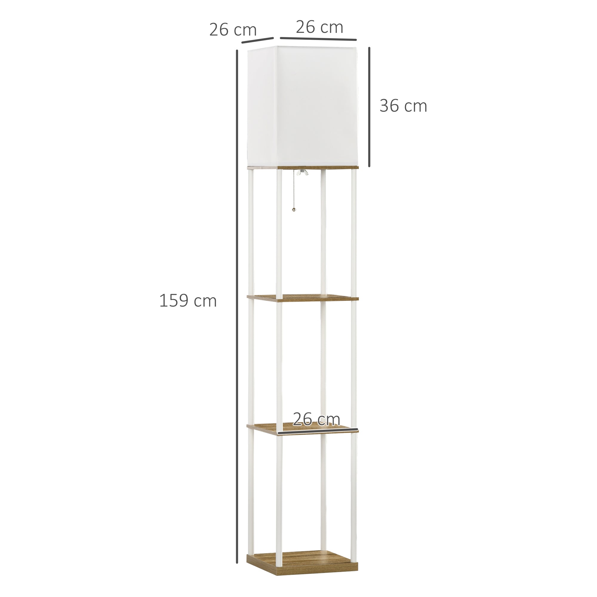 HOMCOM Modern Floor Lamp with Shelves, 3 Layer Shelf Tall Standing Lamp with Fabric Lampshade, Pull Chain Switch for Living Room, Bedroom, Bulb not Included, White - North Peak Garden Furniture