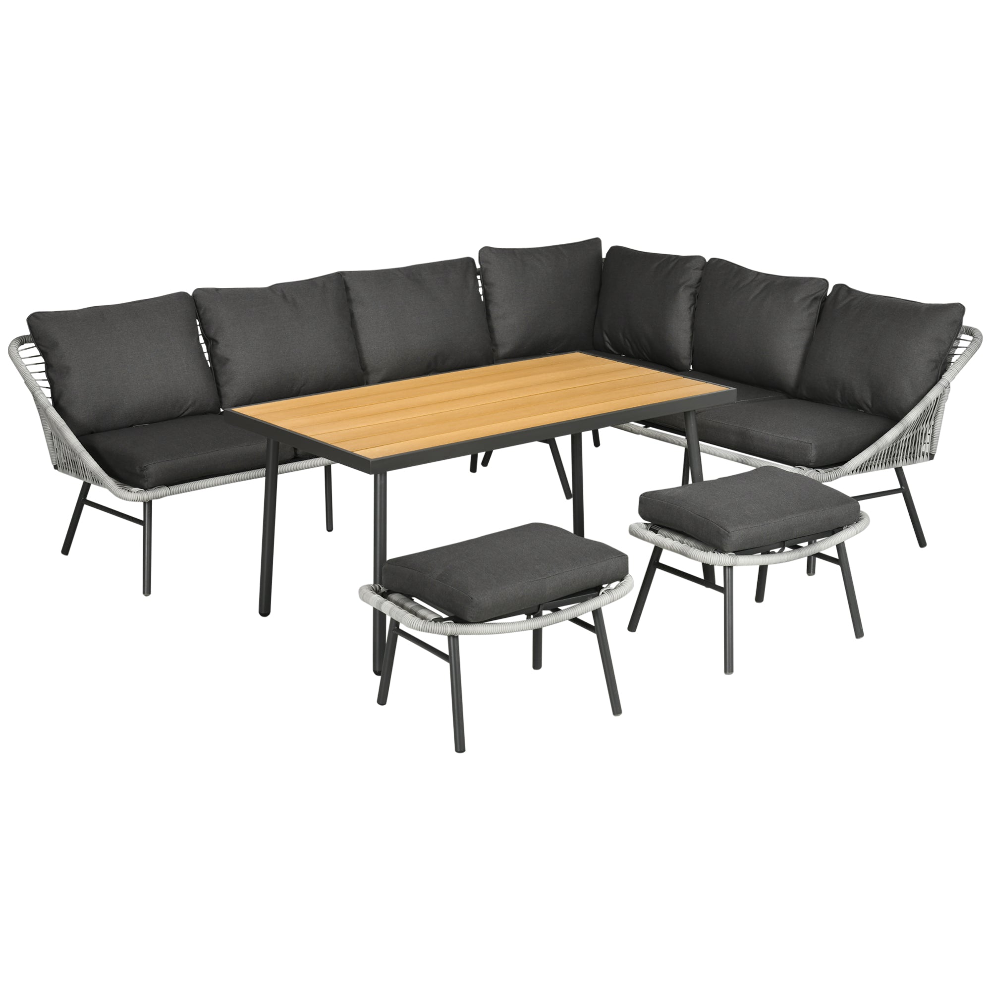 Outsunny 6 Seater Outdoor Rattan Garden Furniture Sets with Sofa, Footstool and Wood-Plastic Coffee Table, 193x72x75cm, Grey - North Peak Garden Furniture