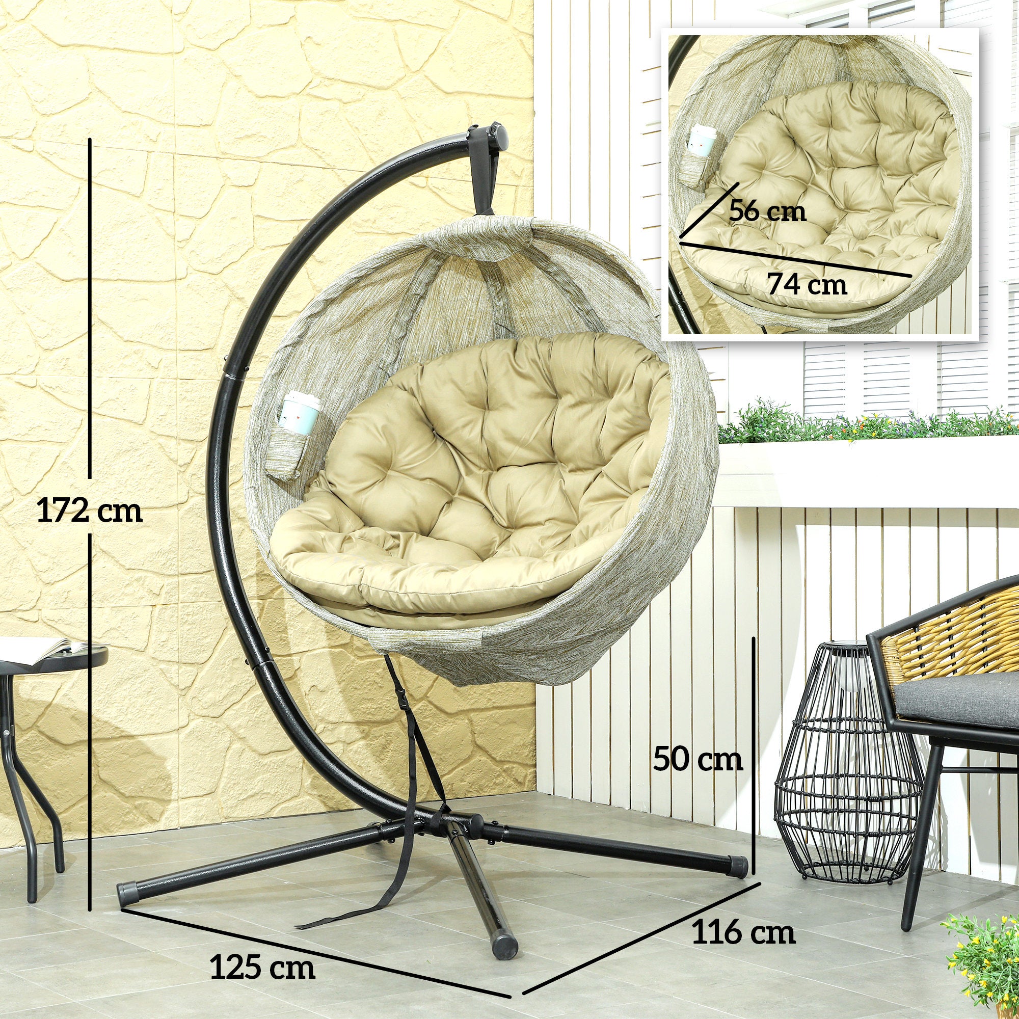 Outsunny Hanging Egg Chair Outdoor Indoor Garden Swing Chair with Folding Basket, Garden Hanging Chair with Stand, Thickened Cushion, Cup Holder for Patio, Balcony, Khaki - North Peak Garden Furniture
