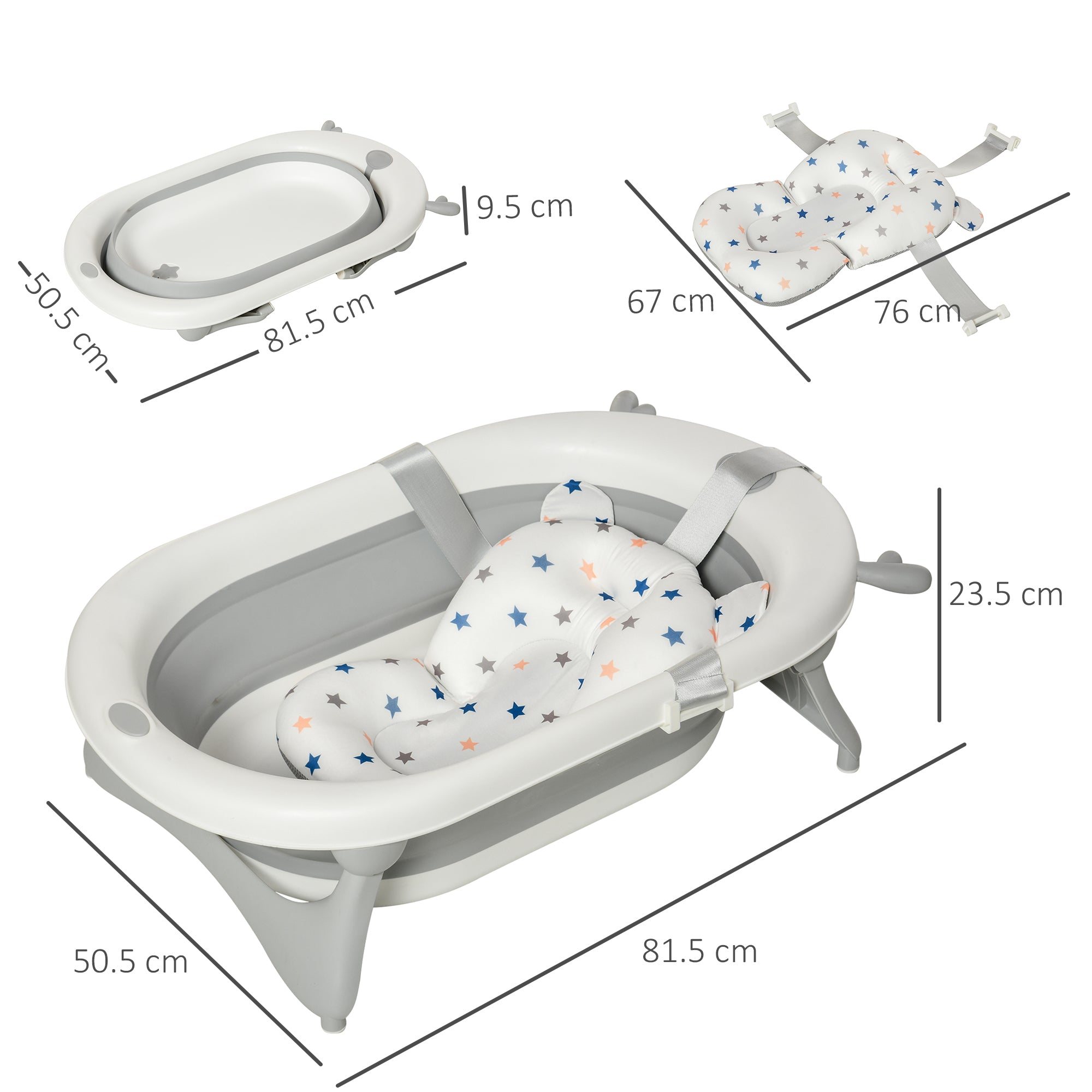 HOMCOM Foldable Baby Bathtub Set, Collapsible Bath Tub with Thermostatic Water Plug, Non-Slip Support, Cushion Pad, Drain Plugs, for Newborn to 3 Years - Offwhite - North Peak Garden Furniture