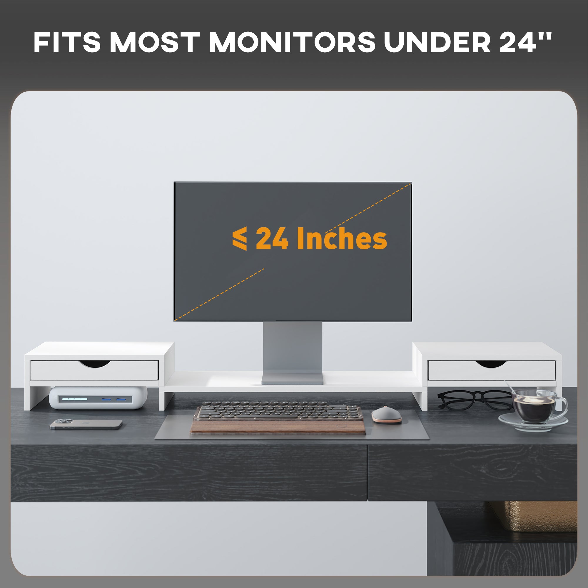 HOMCOM Dual Monitor Stand Riser with 2 Drawers, Adjustable Length and Angle, 116cm Monitor Riser for Laptop, Computer, PC, Small Printer, White