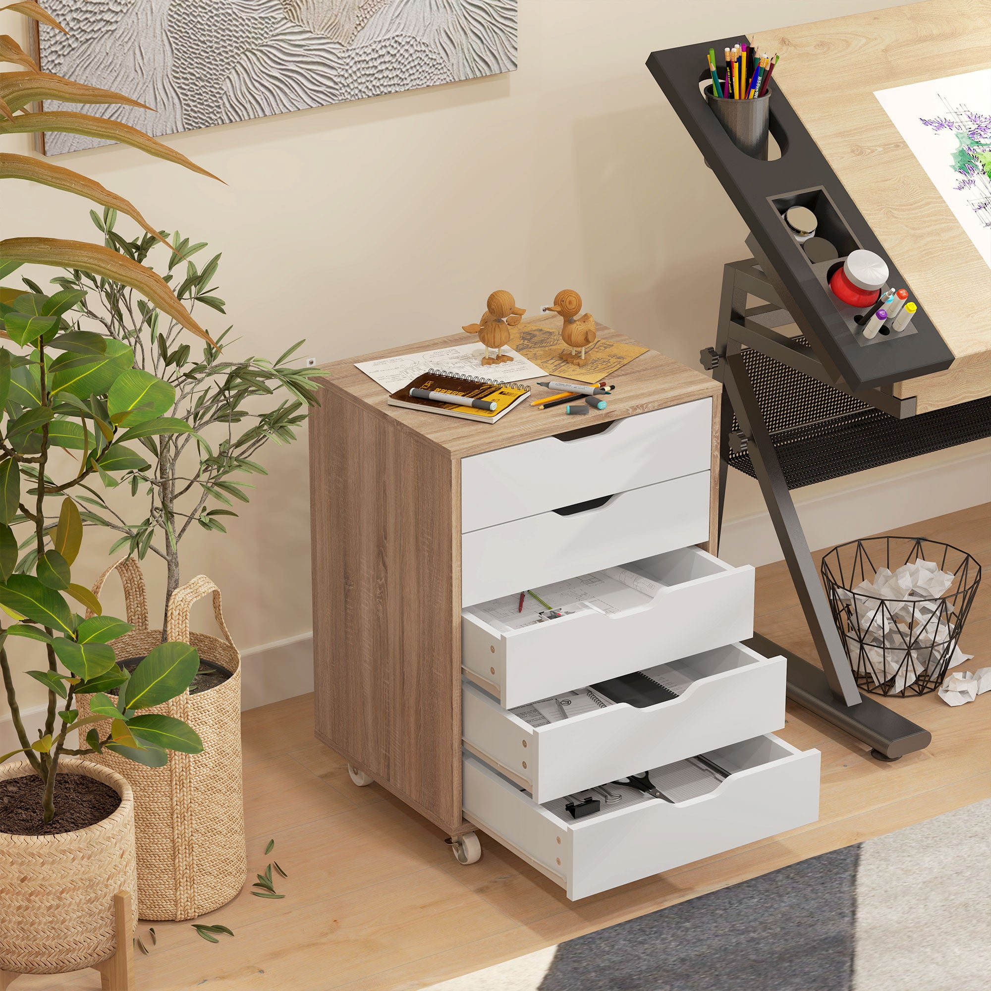 Vinsetto Five-Drawer Filing Cabinet, with Wheels - Oak Brown - North Peak Garden Furniture