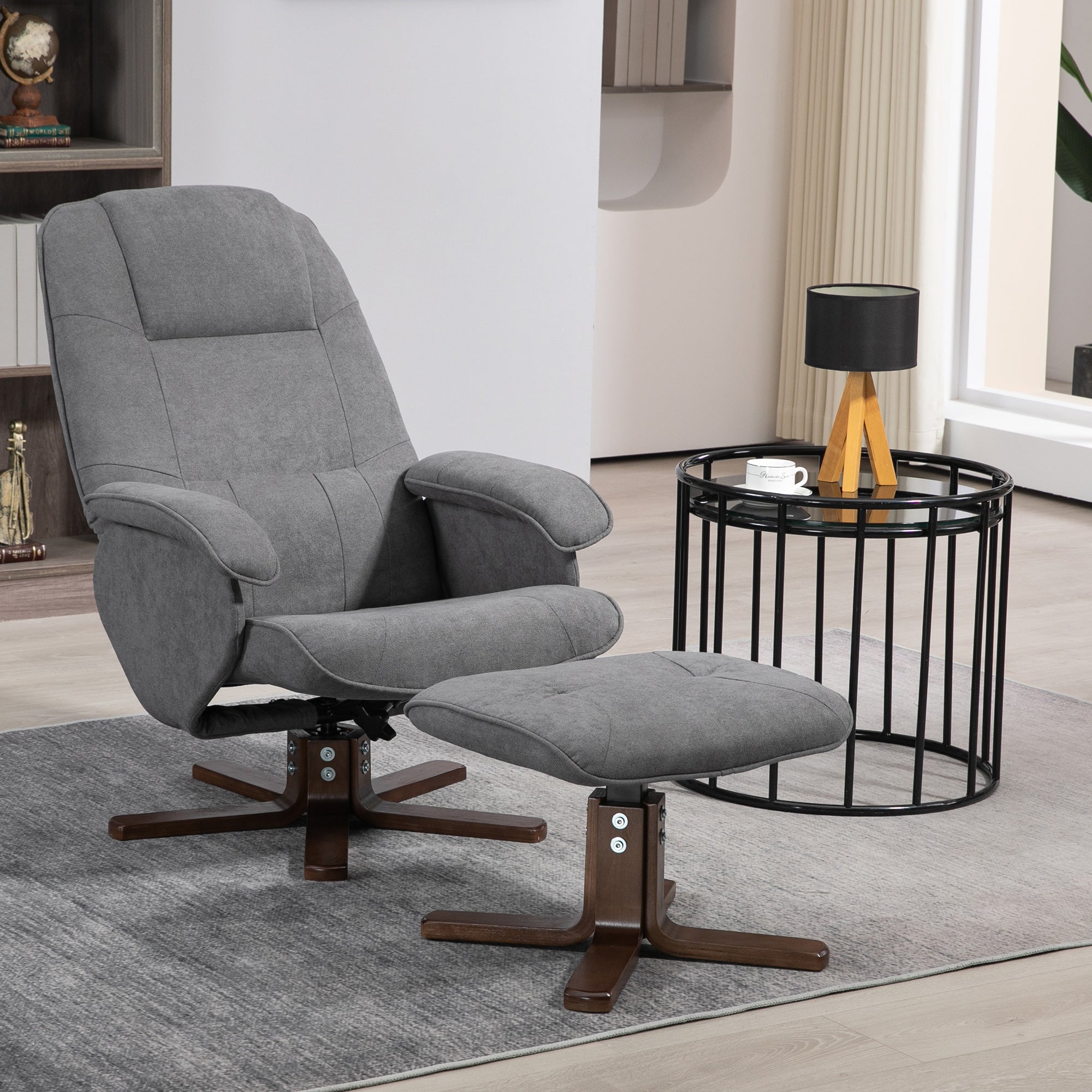 HOMCOM Linen Swivel Recliner Chair with Footstool, Upholstered Reclining Armchair with Wooden Base for Living Room, Grey - North Peak Garden Furniture