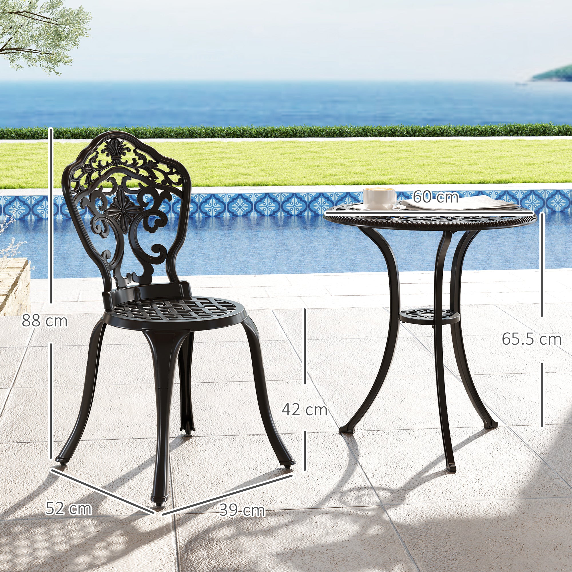 Outsunny Three-Piece Aluminium Floral Bistro Set - Black - North Peak Garden Furniture