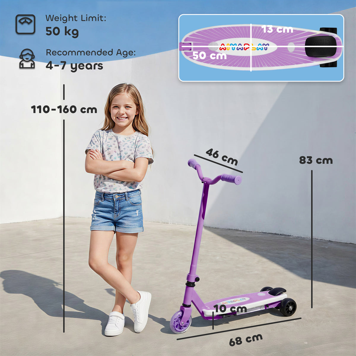 AIYAPLAY Electric Scooter for Kids Aged 4-7 Years, with Flashing LED Lights, Rear Auxiliary Wheels, Purple