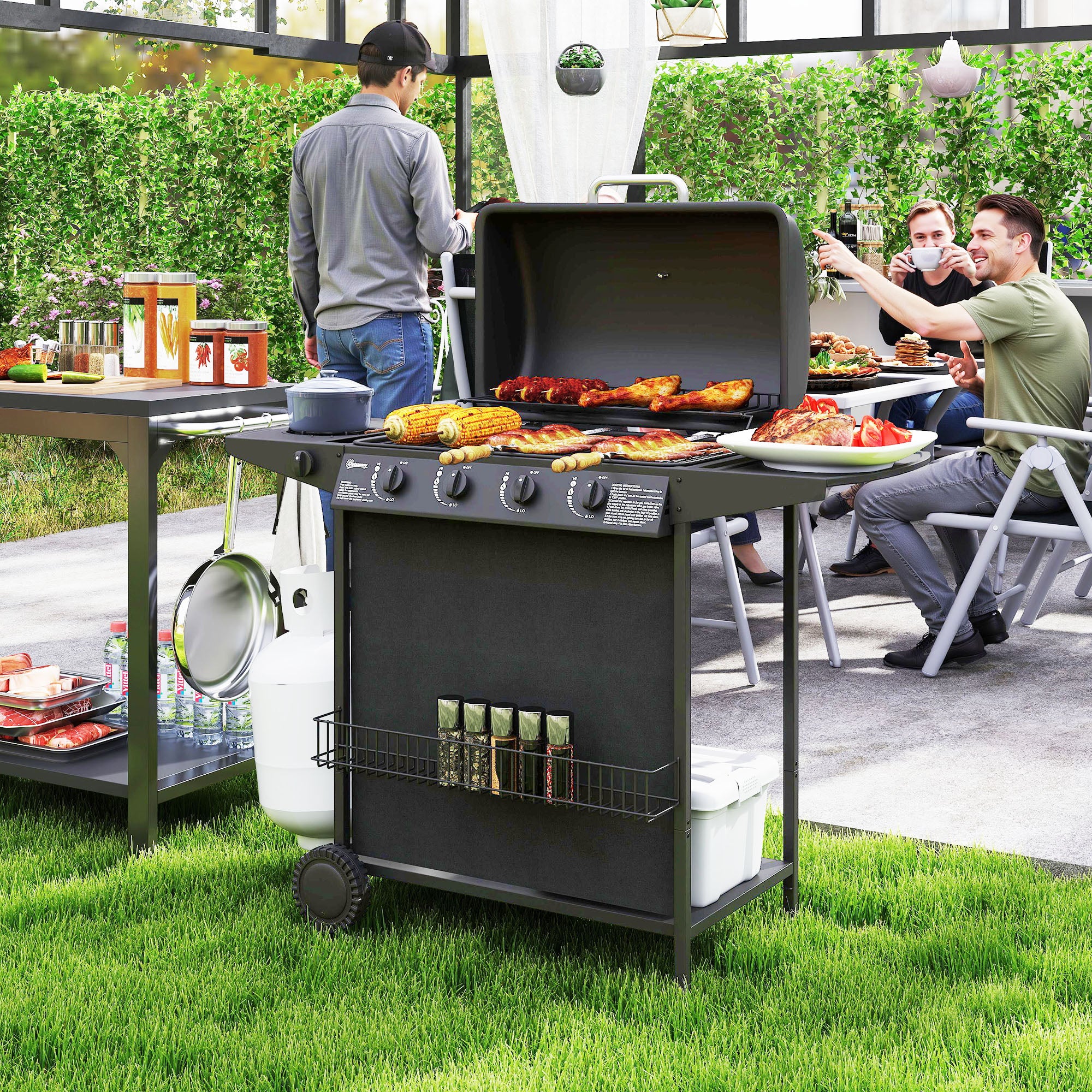 Outsunny 4+1 Burner Gas BBQ Grill, Portable Gas Barbecue Grill with Built-in Thermometer, Lid, Side Table, Shelf, Spice Rack, Wheels, Grease Cup for Garden Party Outdoor Cooking, Black - North Peak Garden Furniture