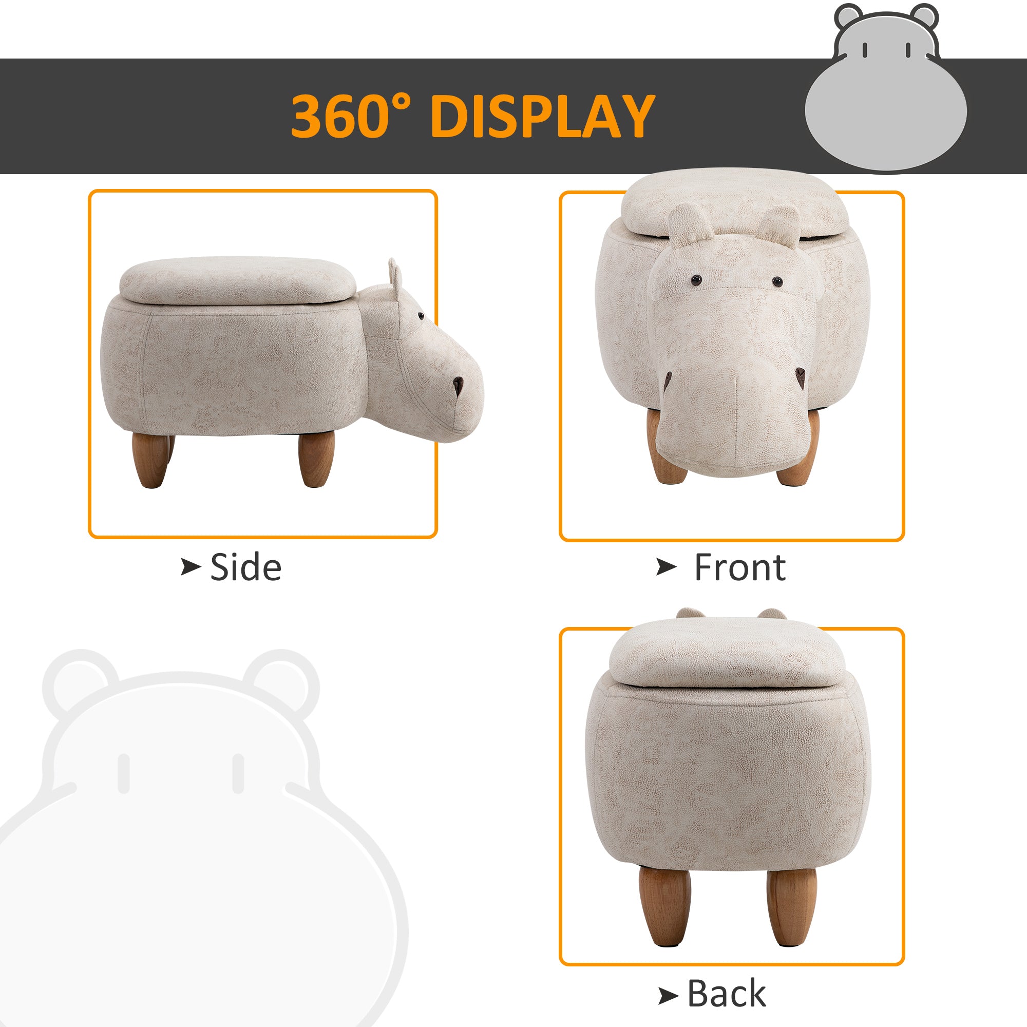 HOMCOM Hippo Storage Stool Cute Decoration Footrest Wood Frame Legs with Padding Lid Ottoman Animal Furniture Cream 36 x 65cm - North Peak Garden Furniture