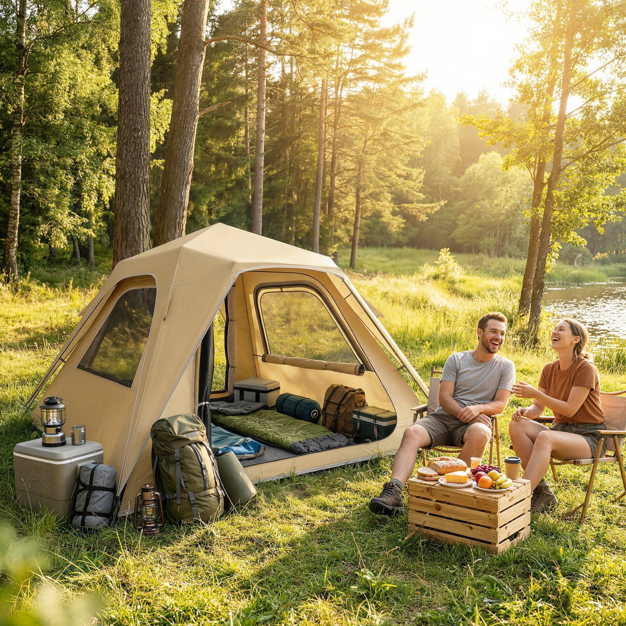 Outsunny Pop Up Tent 3000mm Waterproof Camping Tents with Mesh Windows 3-4 People Khaki