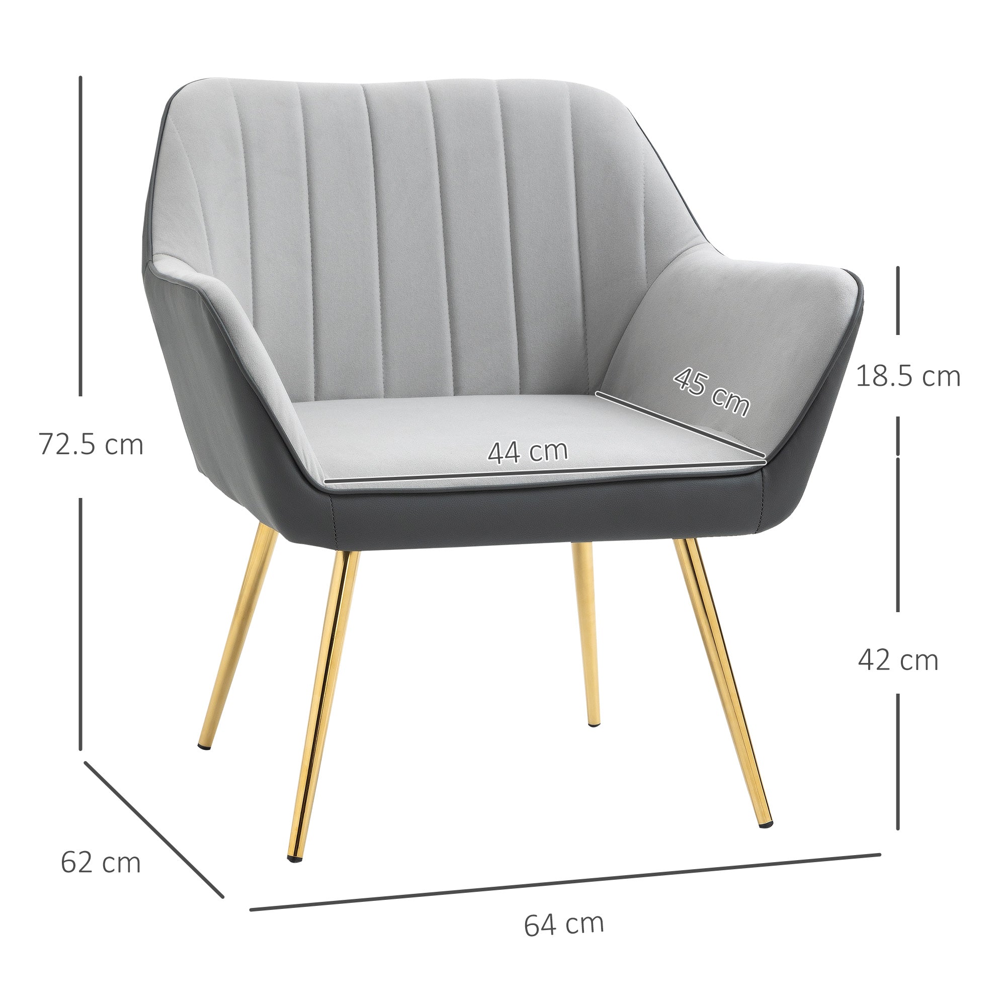HOMCOM Velvet Armchairs, Upholstered Accent Chairs with Golden Steel Legs, Modern Vanity Chairs for Living Room and Bedroom, Light Grey - North Peak Garden Furniture