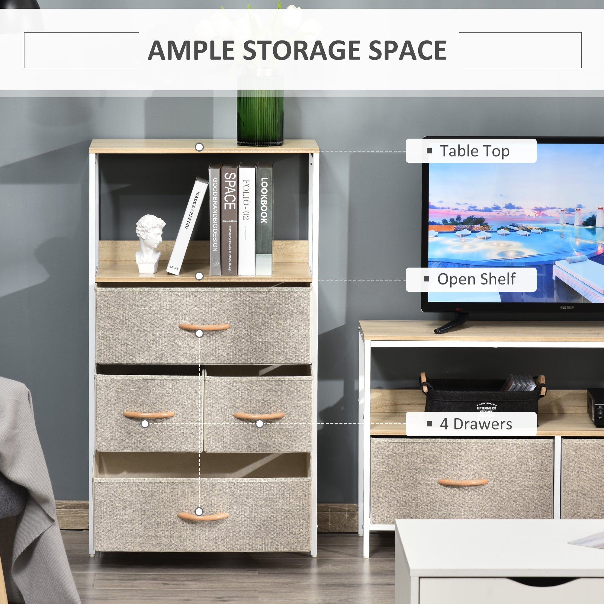 HOMCOM 4 Drawer Storage Chest Unit Home Cabinet w/ Shelves Home Living Room Bedroom Entryway Living Furniture, Light Grey - North Peak Garden Furniture