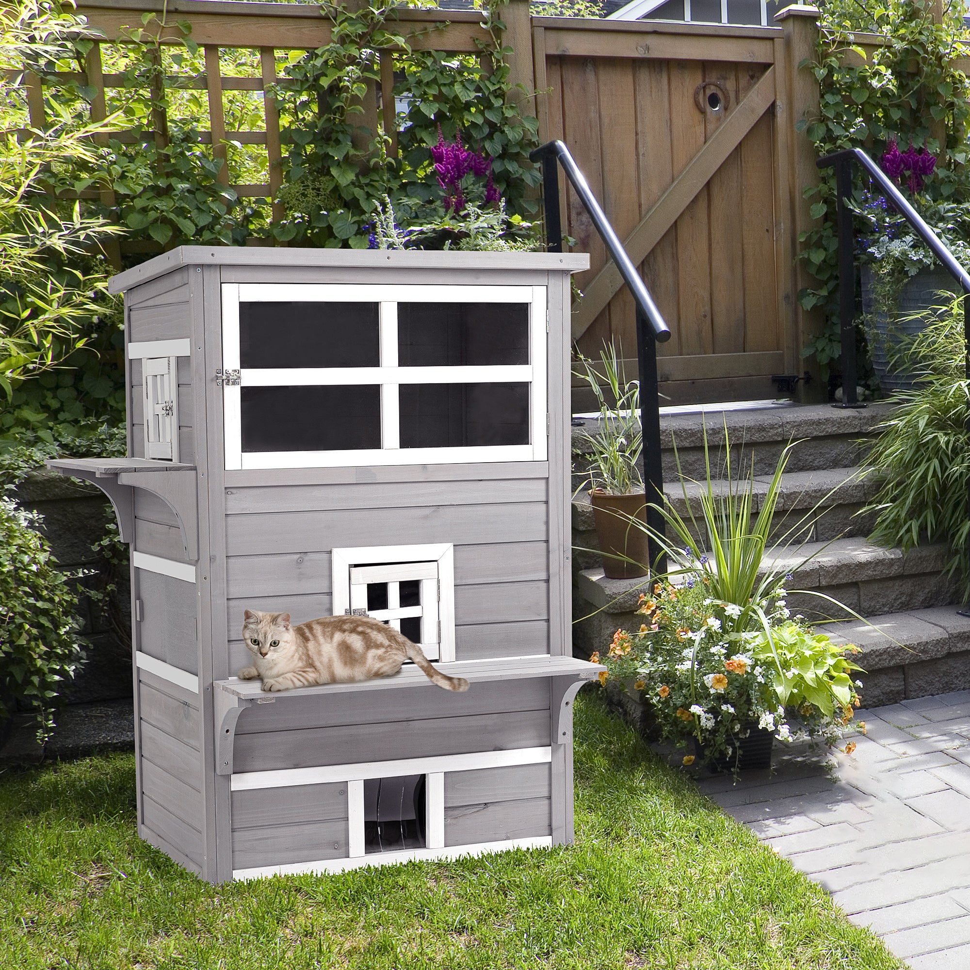 PawHut Three-Tier wooden Kitten Shelter, Outdoor Cat House, with Jumping Platforms, Asphalt Roof, Doors - Grey - North Peak Garden Furniture