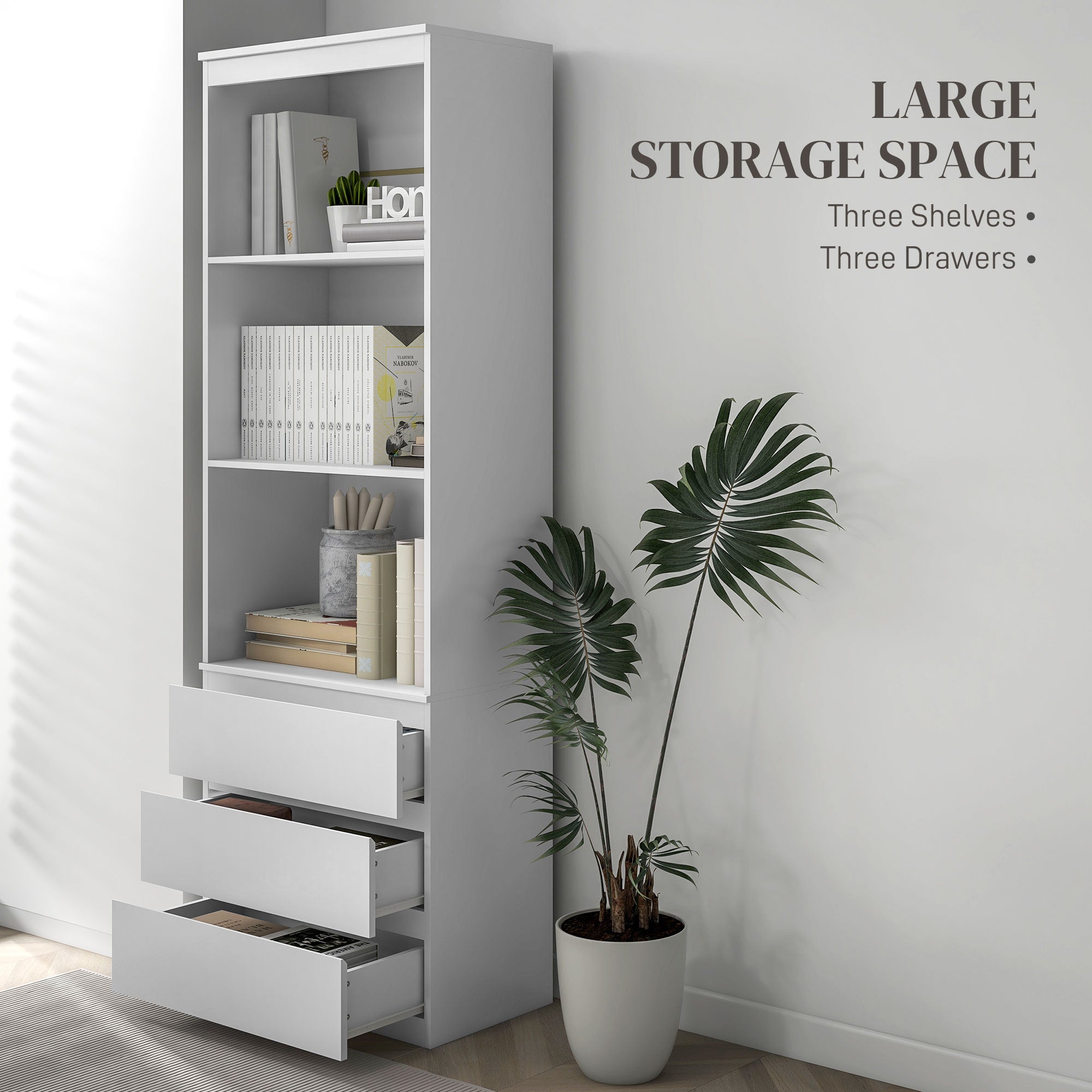 HOMCOM 180cm Tall Bookcase, with Shelves and Drawers - White - North Peak Garden Furniture