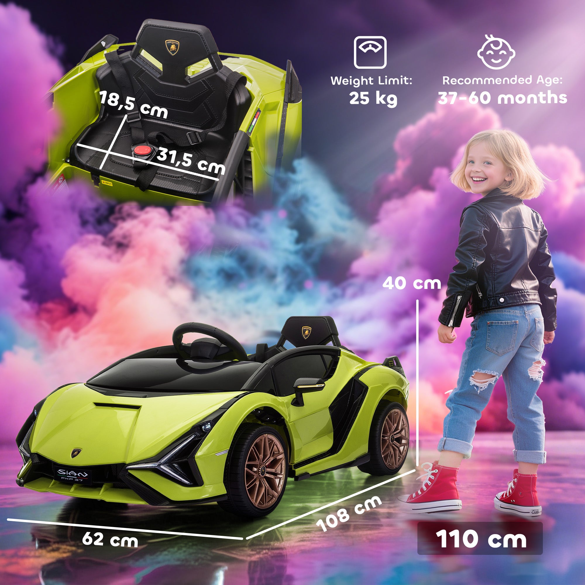 HOMCOM Lamborghini Sian Licensed 12V Kids Electric Ride On Car 2 Motors Toy Car with Remote Control Music Lights MP3 for 3-5 Years Green