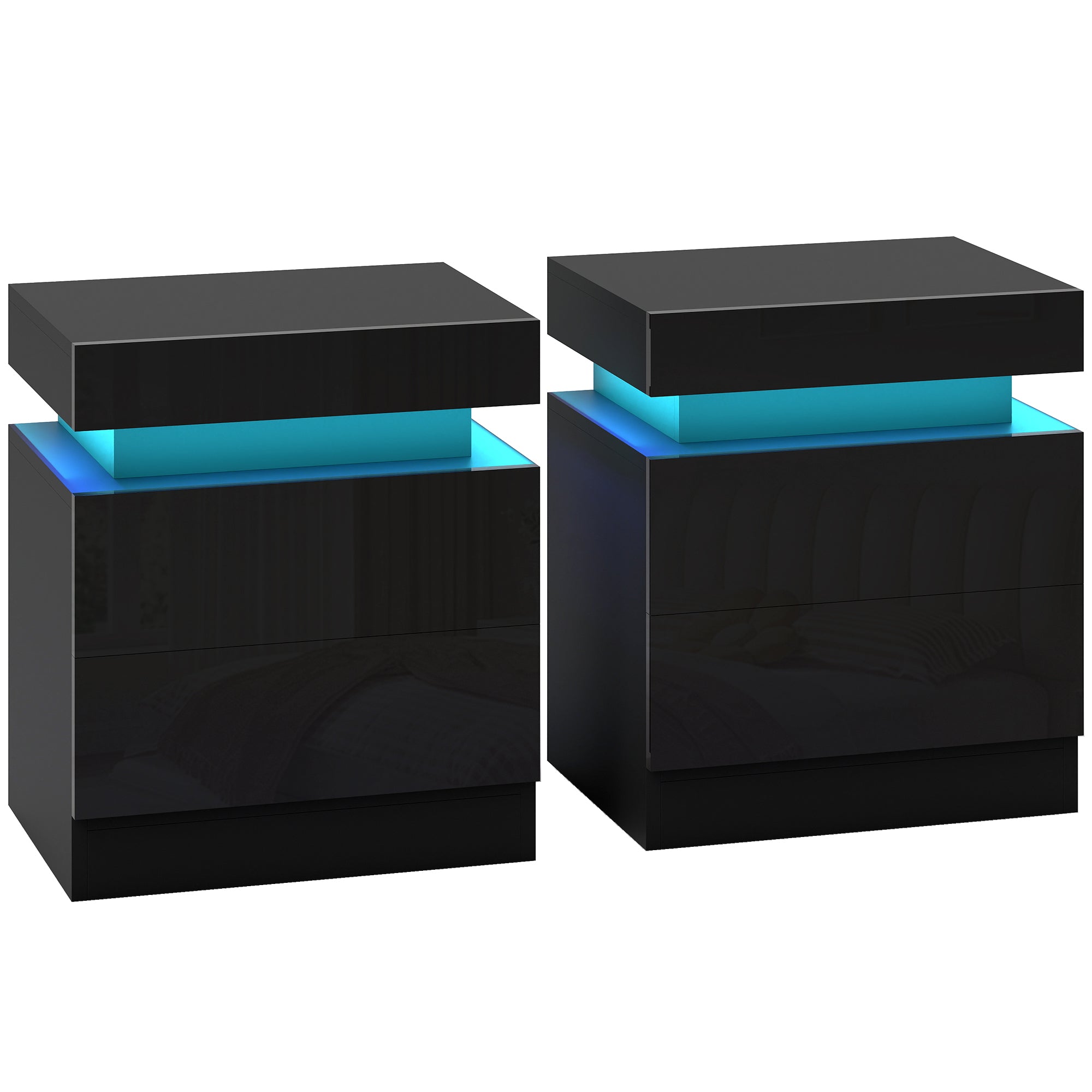HOMCOM Black Bedside Table with LED Light, High Gloss Front Nightstand with 2 Drawers, for Living Room, Bedroom, Set of 2