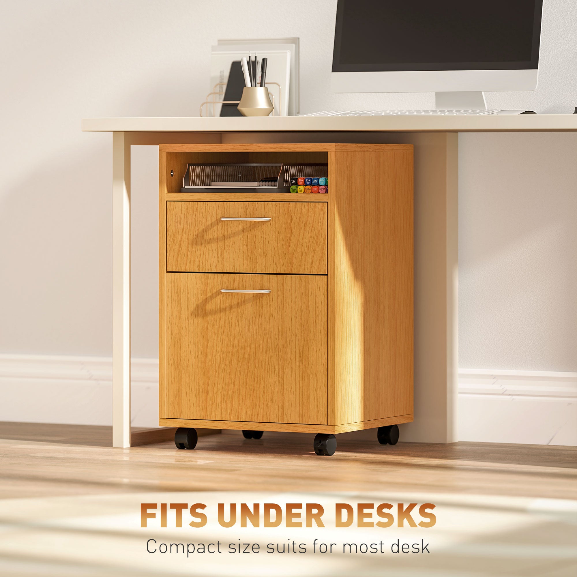 HOMCOM 60cm Filing Cabinet with Drawer, Open Shelf, Metal Handles and 4 Wheels, Office Home Organiser Mobile Printer, Natural Wood Finish - North Peak Garden Furniture