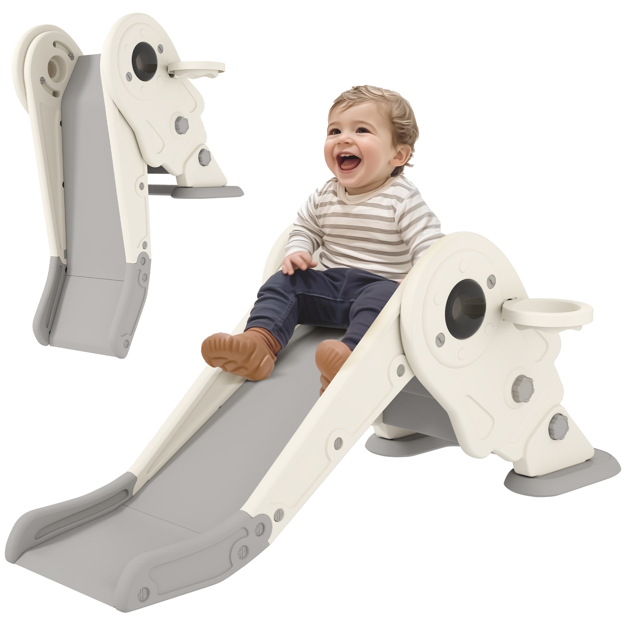 AIYAPLAY 3 in1 Kids Slide with Basketball Hoop, Climber, Anti-slip Steps for Toddlers Age 2-5, Cream White - North Peak Garden Furniture