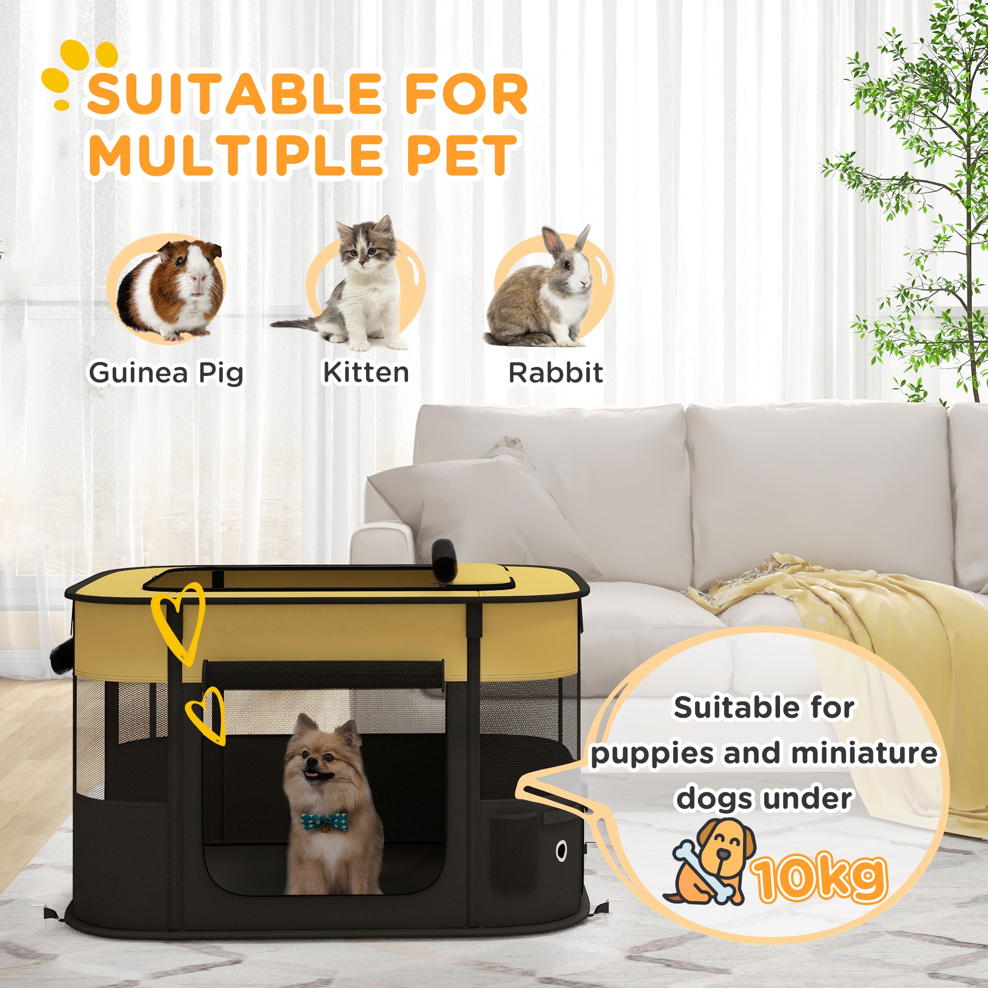 PawHut Foldable Dog Pen with Storage Bag for Indoor/Outdoor Use, Portable Pet playpen, with Ground Stakes - Yellow - North Peak Garden Furniture