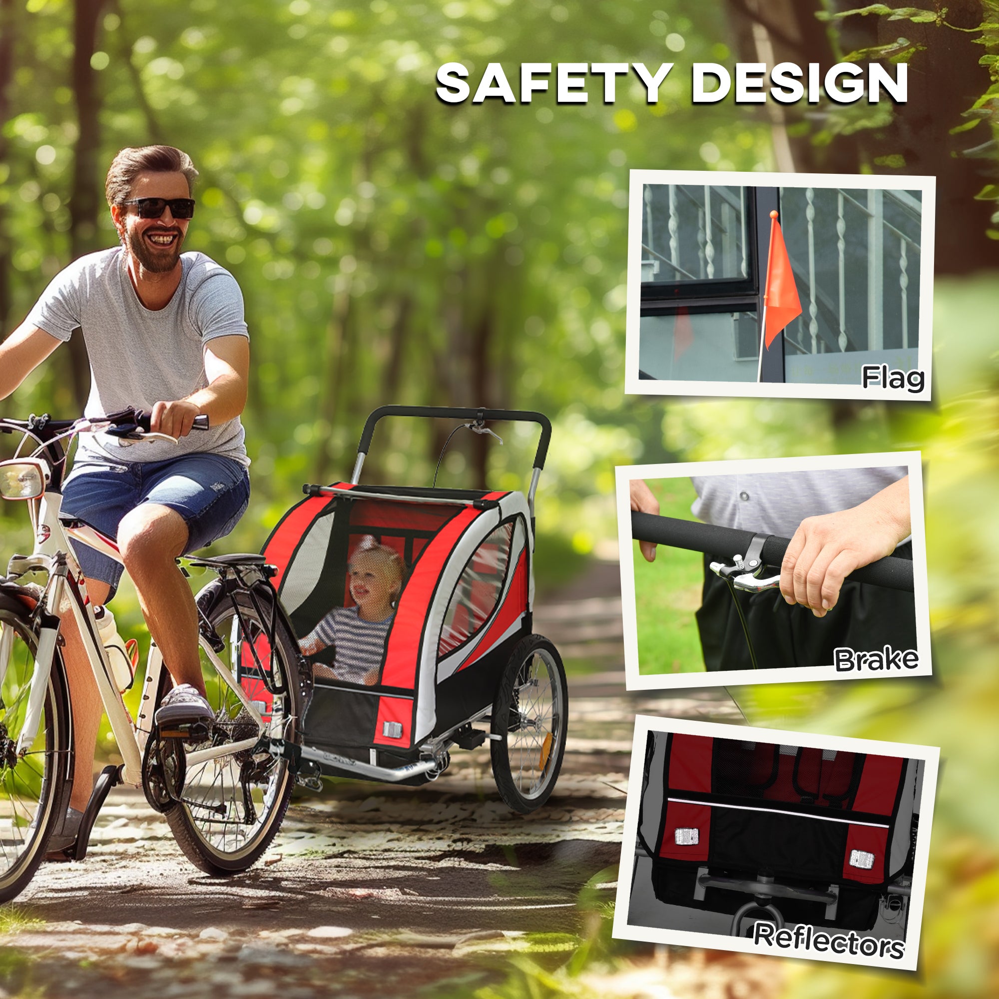 HOMCOM Baby Bike Trailer, Child Bicycle Trailer with 5 Point Harness, Steel Frame, Reflectors, Safety Flag, Hitch Coupler, Red - North Peak Garden Furniture