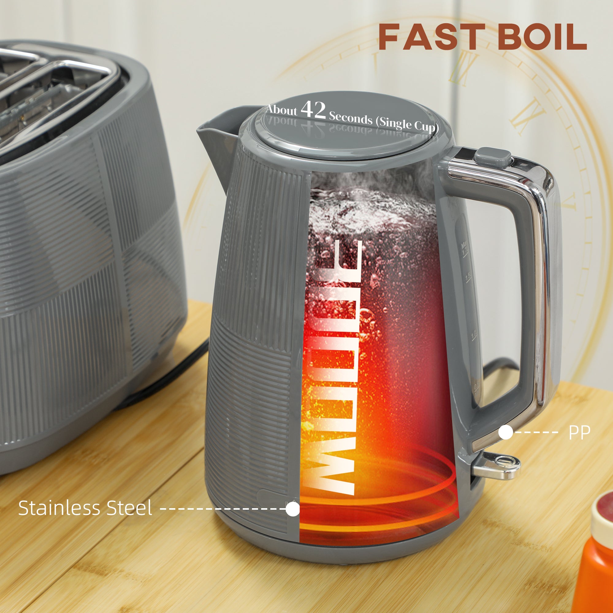 HOMCOM Kettle and Toaster Set, 1.7L 3000W Fast Boil Kettle & 2 Slice Toaster Kitchen Set with 7 Level Browning Controls, Defrost, Reheat, Boil-dry Protection, Grey - North Peak Garden Furniture