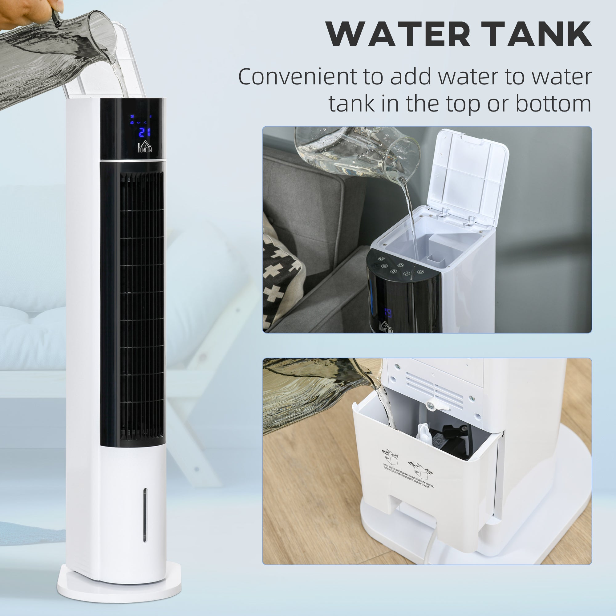 HOMCOM Portable Air Cooler, 3L Tank Evaporative Ice Cooling Tower Fan with 3 Modes, 3 Speeds, Remote, Timer, 60° Oscillating, Portable Swamp Cooler for Home Bedroom, White - North Peak Garden Furniture