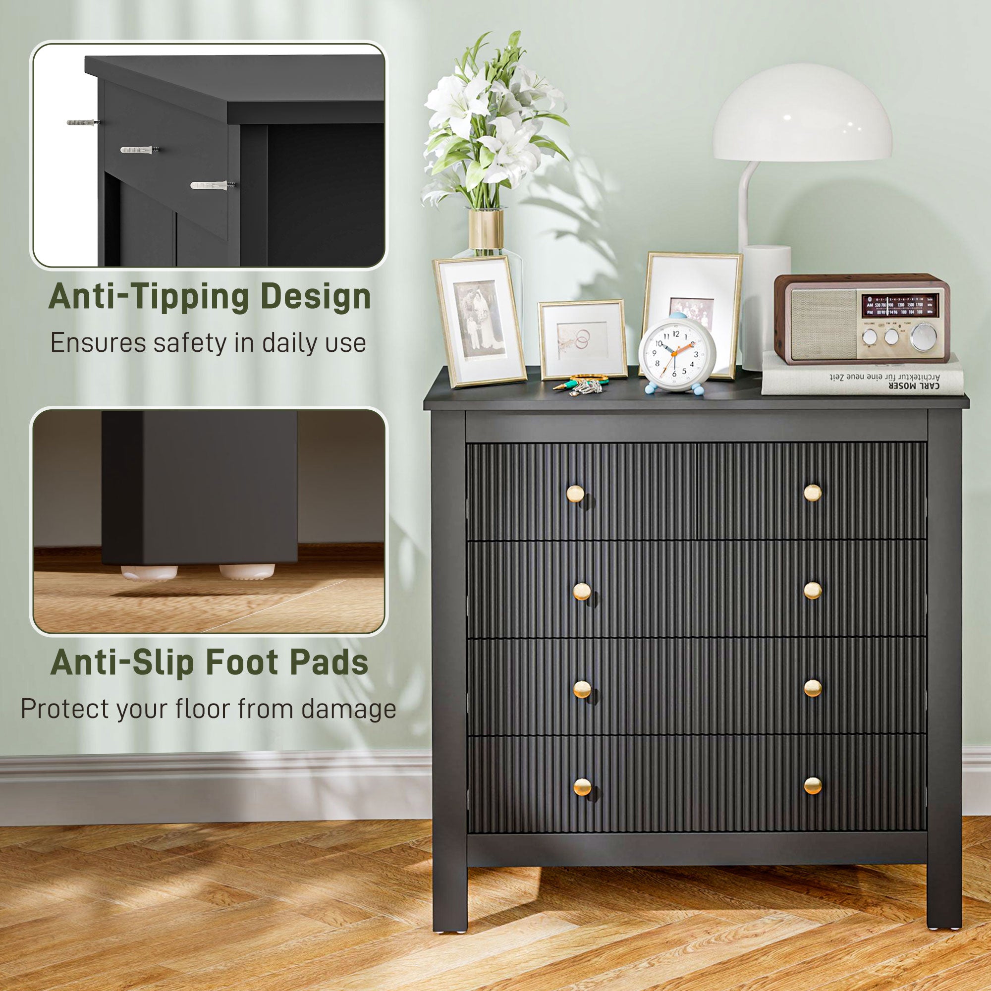 HOMCOM Elegant Chest of Five Drawers - Black - North Peak Garden Furniture