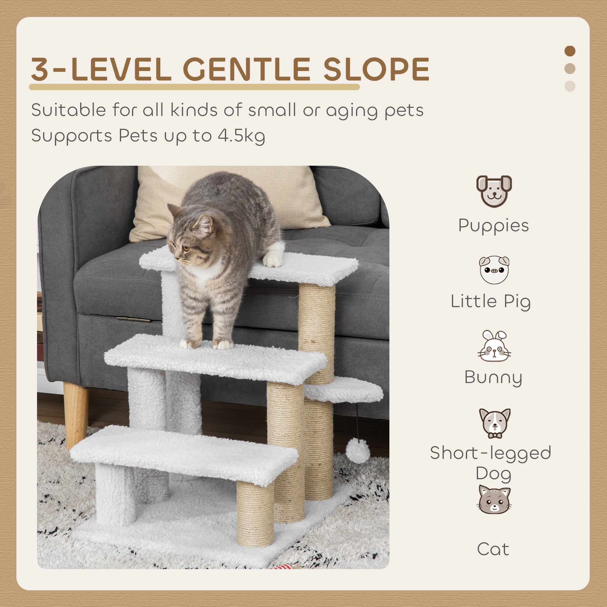 PawHut Pet Stair with 3-step Climb Ladder, Scratching Posts, Platforms, Toy Ball, for Indoor Elderly Cats Kittens, White - North Peak Garden Furniture