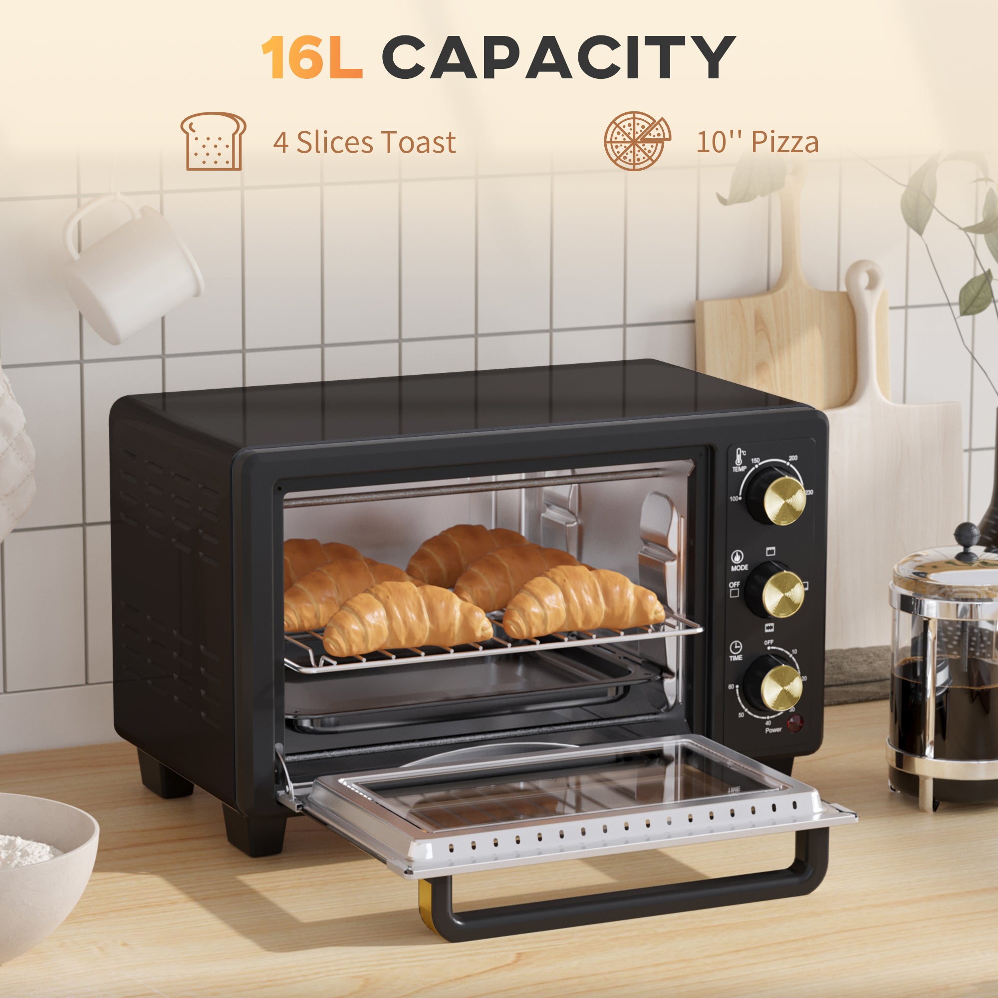 HOMCOM 16L Mini 1400W Countertop Oven - Black - North Peak Garden Furniture