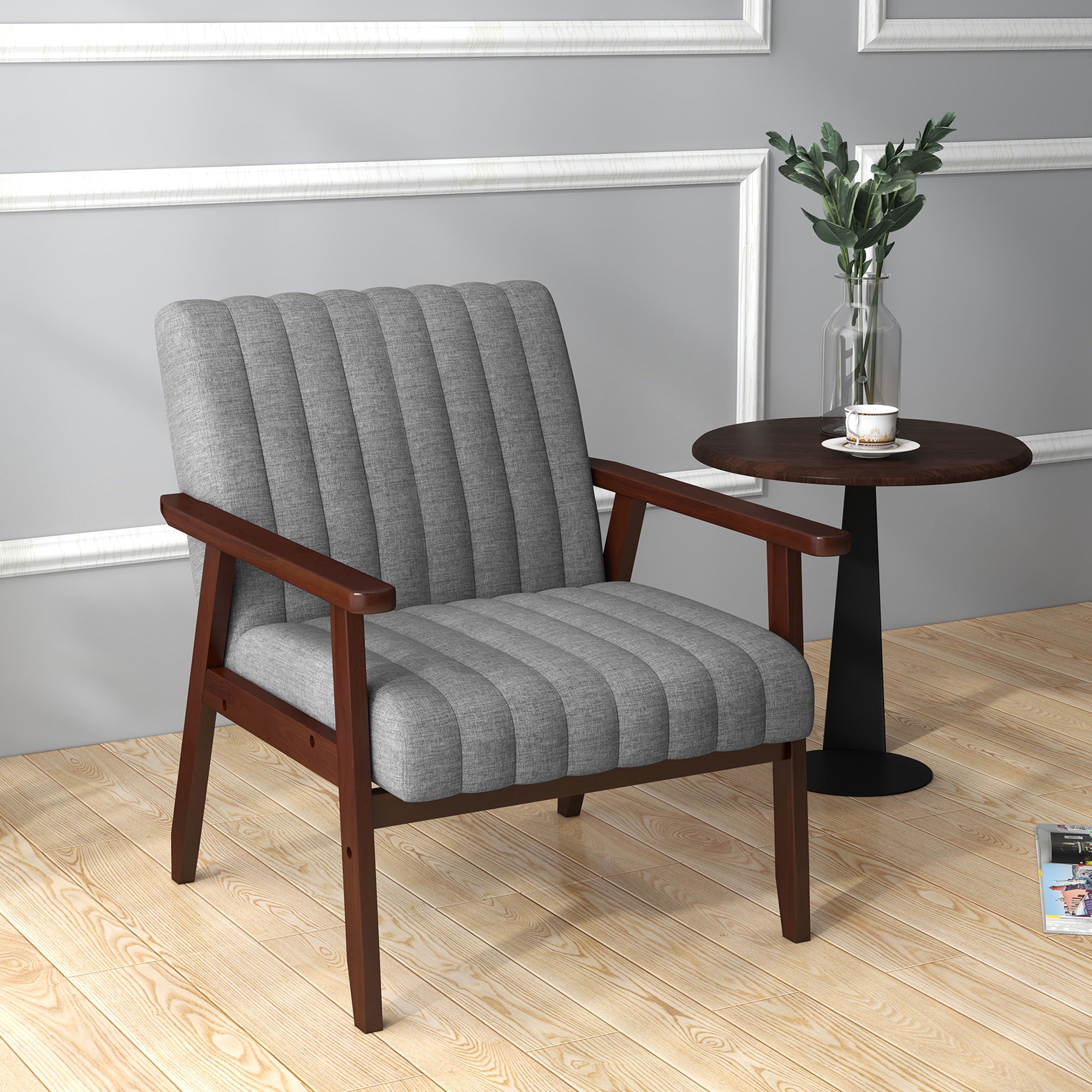 HOMCOM Mid Century Accent Chair, with Wooden Legs - Grey