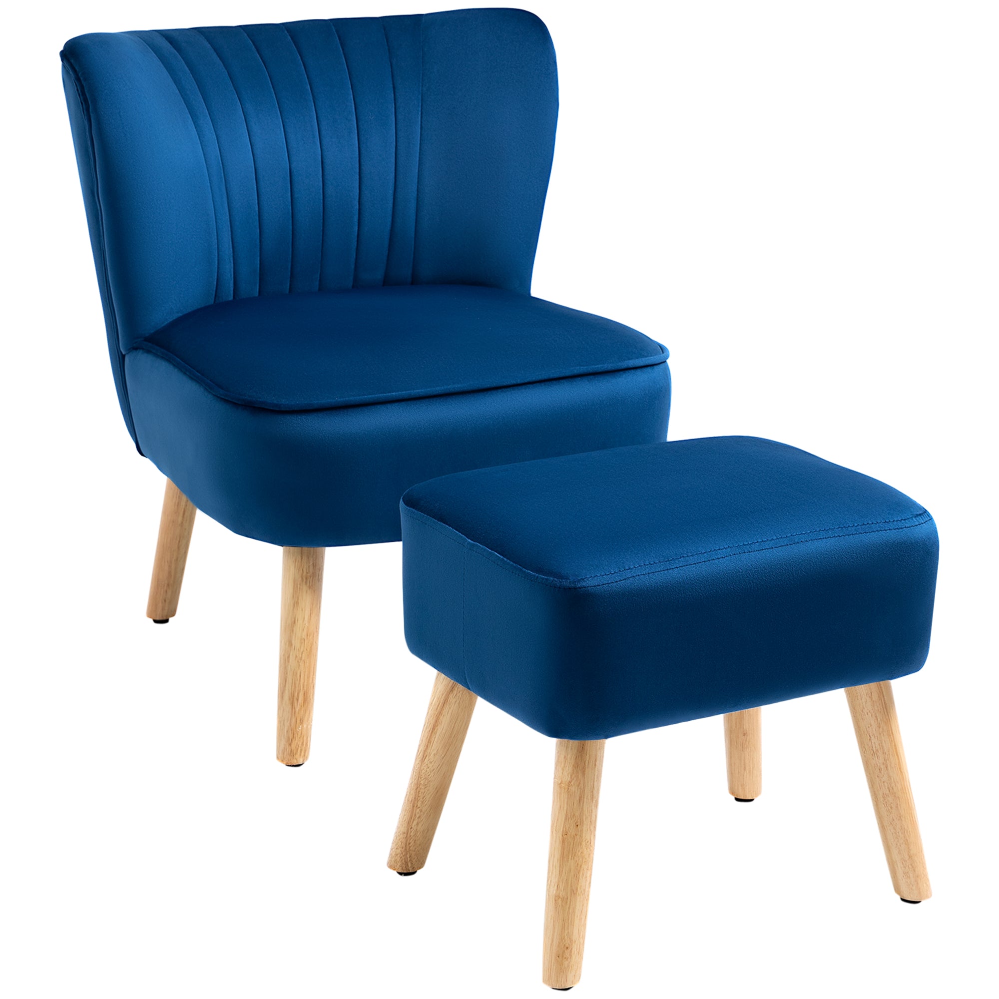 HOMCOM Velvet Accent Chair Occasional Tub Seat Padding Curved Back w/ Ottoman Wood Frame Legs Home Furniture, Dark Blue - North Peak Garden Furniture