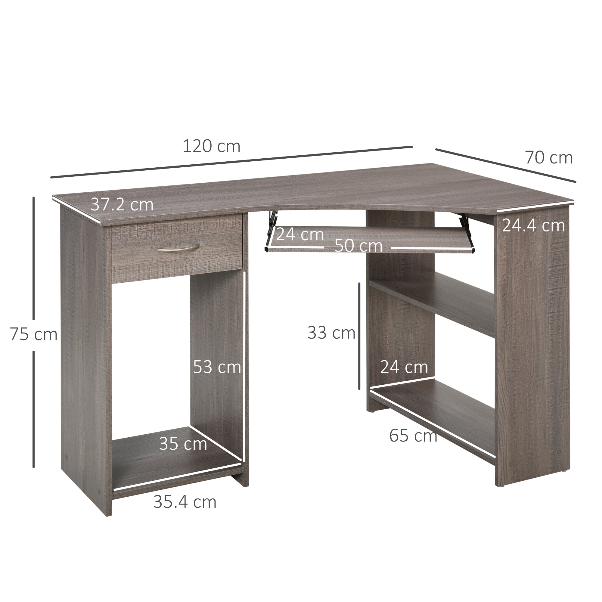 HOMCOM L-Shaped Corner Computer Desk w/ 2 Shelves Wide Worktop Keyboard Tray Drawer & CPU Stand Home Office Study Bedroom Furniture Grey - North Peak Garden Furniture