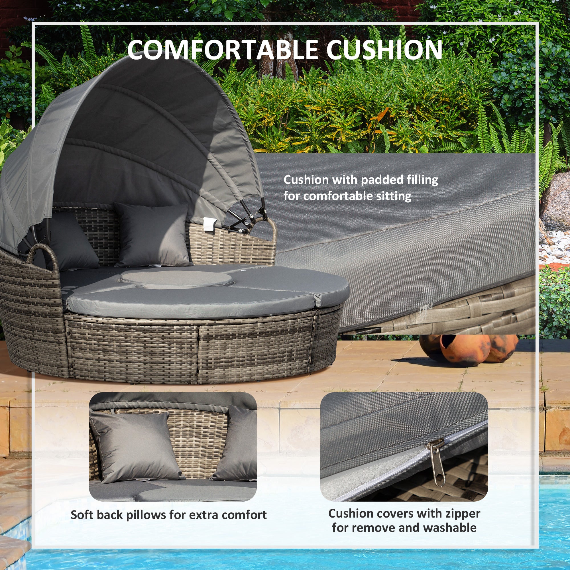 Outsunny Rattan Garden Furniture Cushioned Wicker Round Sofa Bed with Coffee Table Patio Conversation Furniture Set - Grey