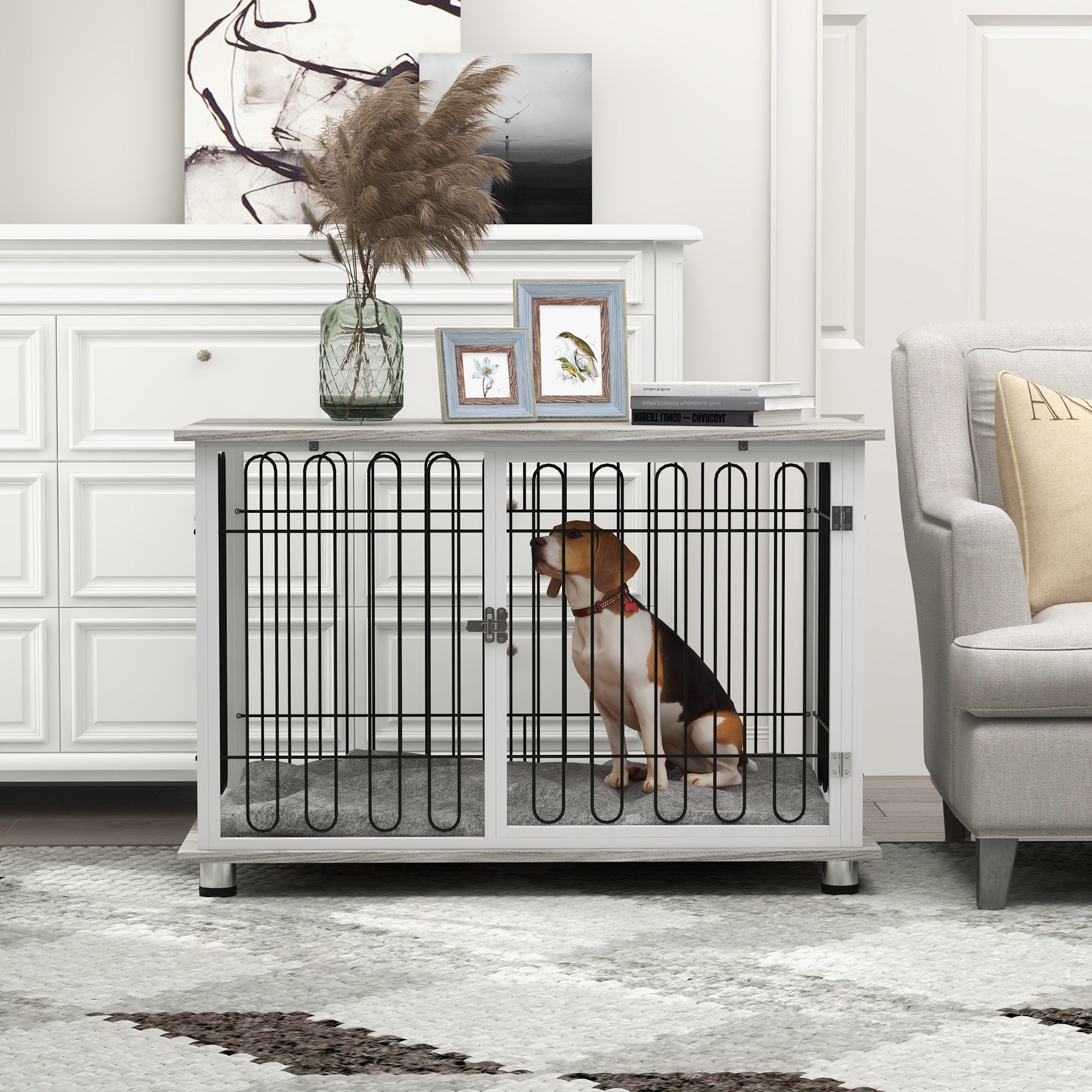 PawHut Indoor Dog Crate Furniture, Side End Table, with Soft Washable Cushion, Lockable Doors, for Large Dogs - North Peak Garden Furniture