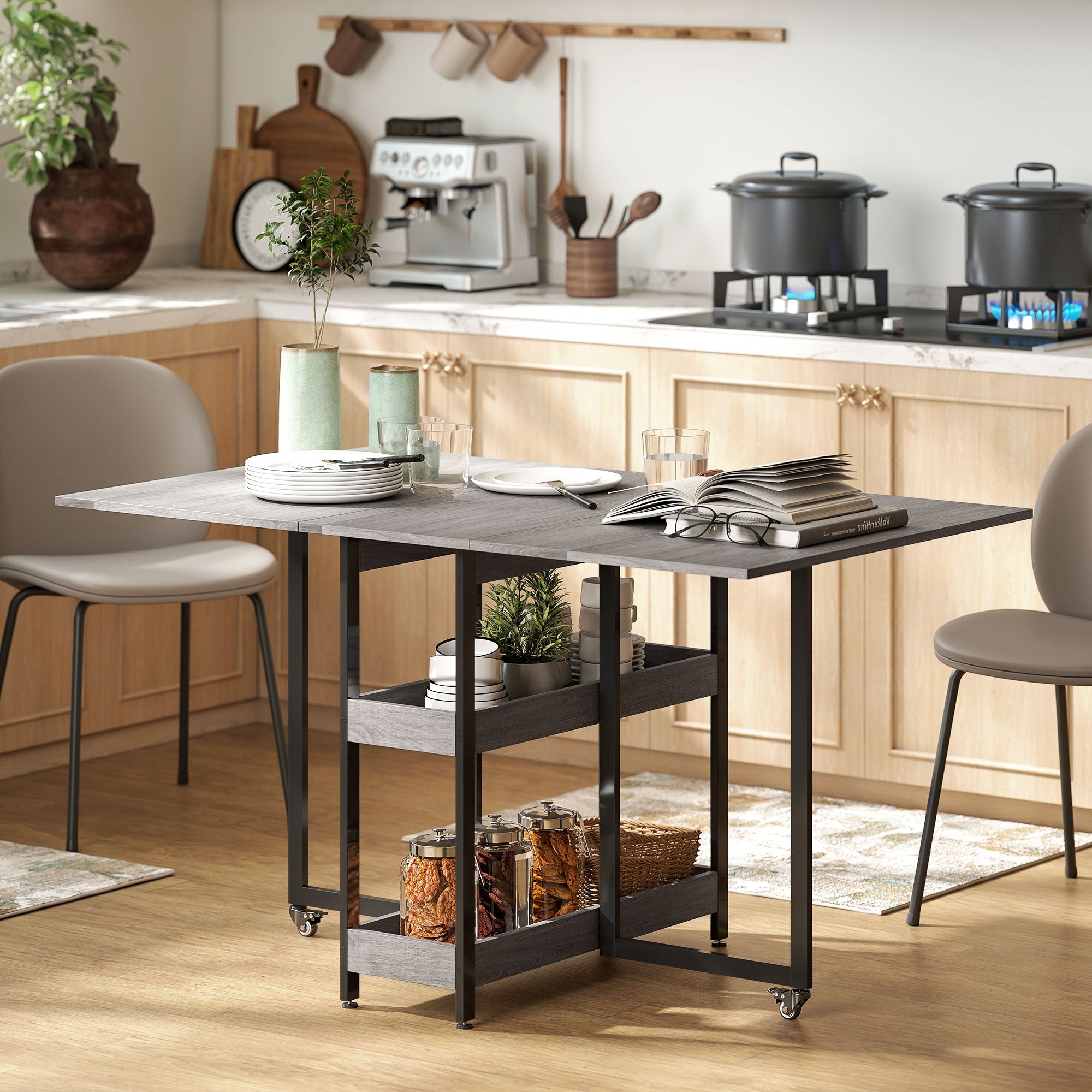 HOMCOM Industrial Folding Dining Table, Drop Leaf Table with Open Compartments for Small Spaces, Kitchen, Dining Room, Grey - North Peak Garden Furniture