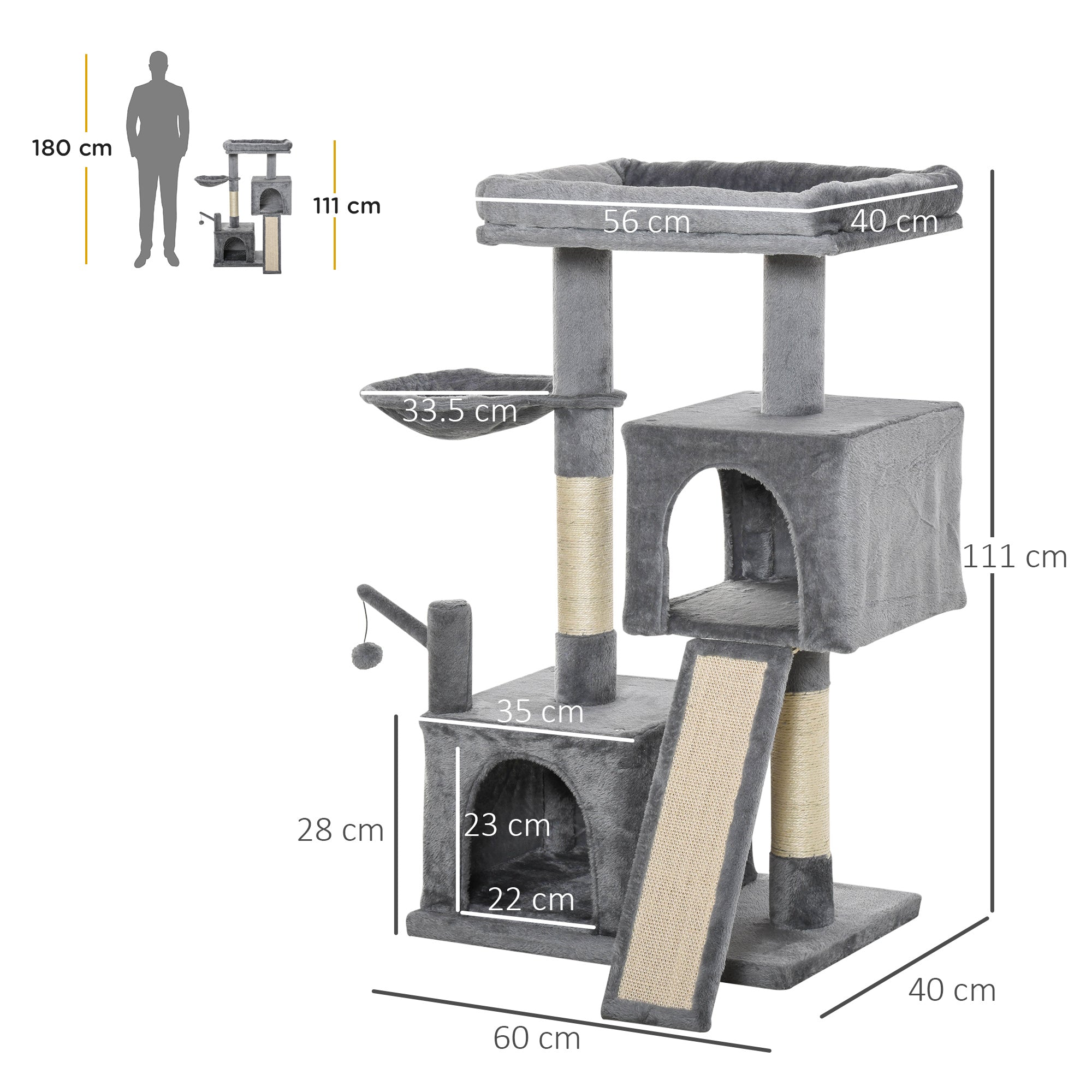 PawHut Cat Tree Tower for Indoor Cats, 111cm Kitten Activity Centre with Scratching Post Pad Hammock Condo Bed Ball Toy, Grey - North Peak Garden Furniture