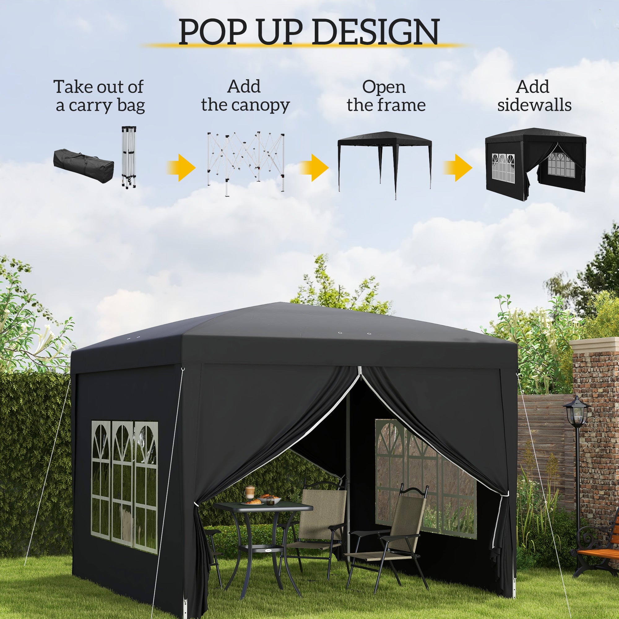 Outsunny 3 x 3(m) Pop Up Gazebo, Water and UV Resistant Party Tent Camping Canopy Marquee with  Carry Bag, Black