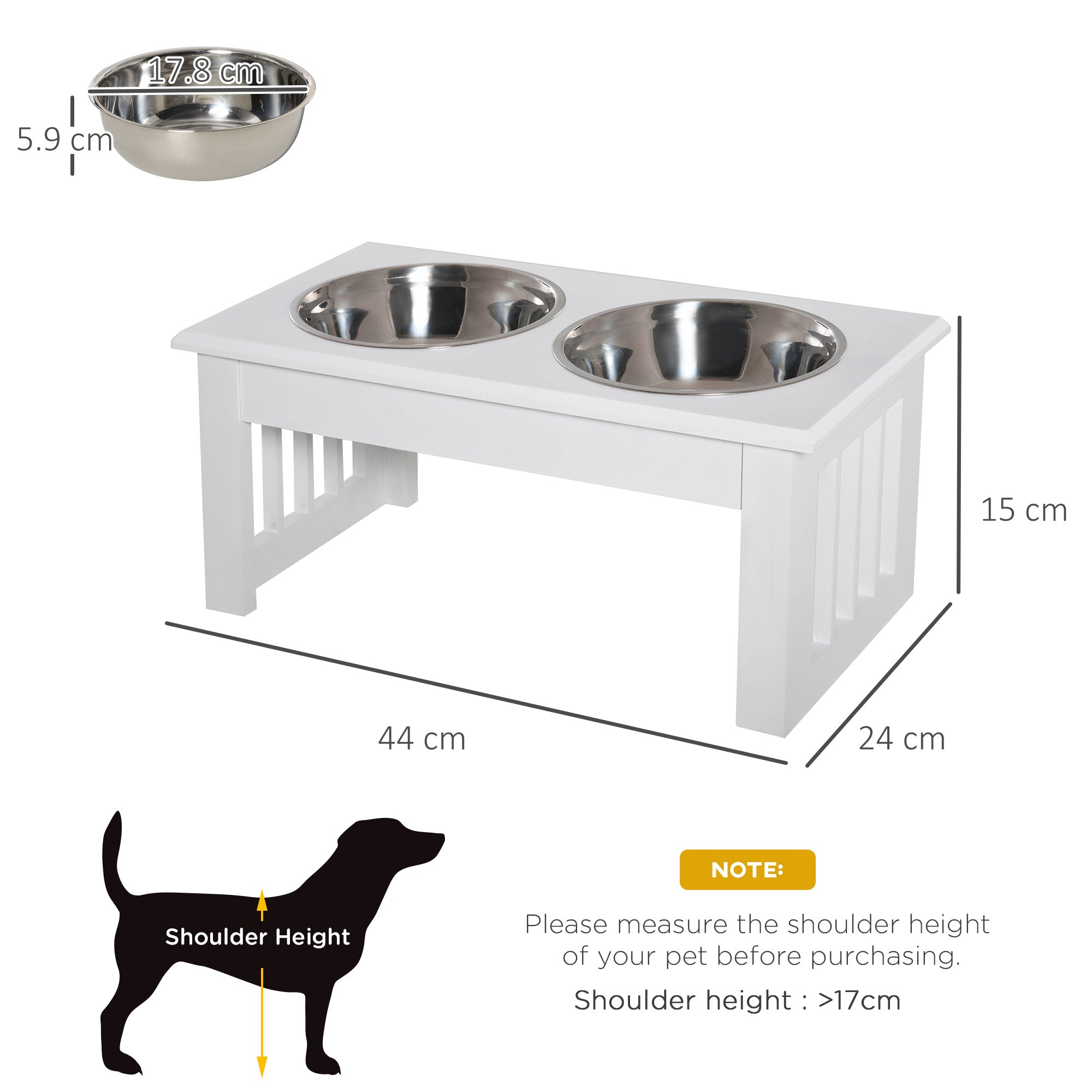 PawHut Raised Dog Feeding Bowls with Stand, Stainless Steel for Extra Small and Small Dog, 44L x 24W x 15H cm - White - North Peak Garden Furniture