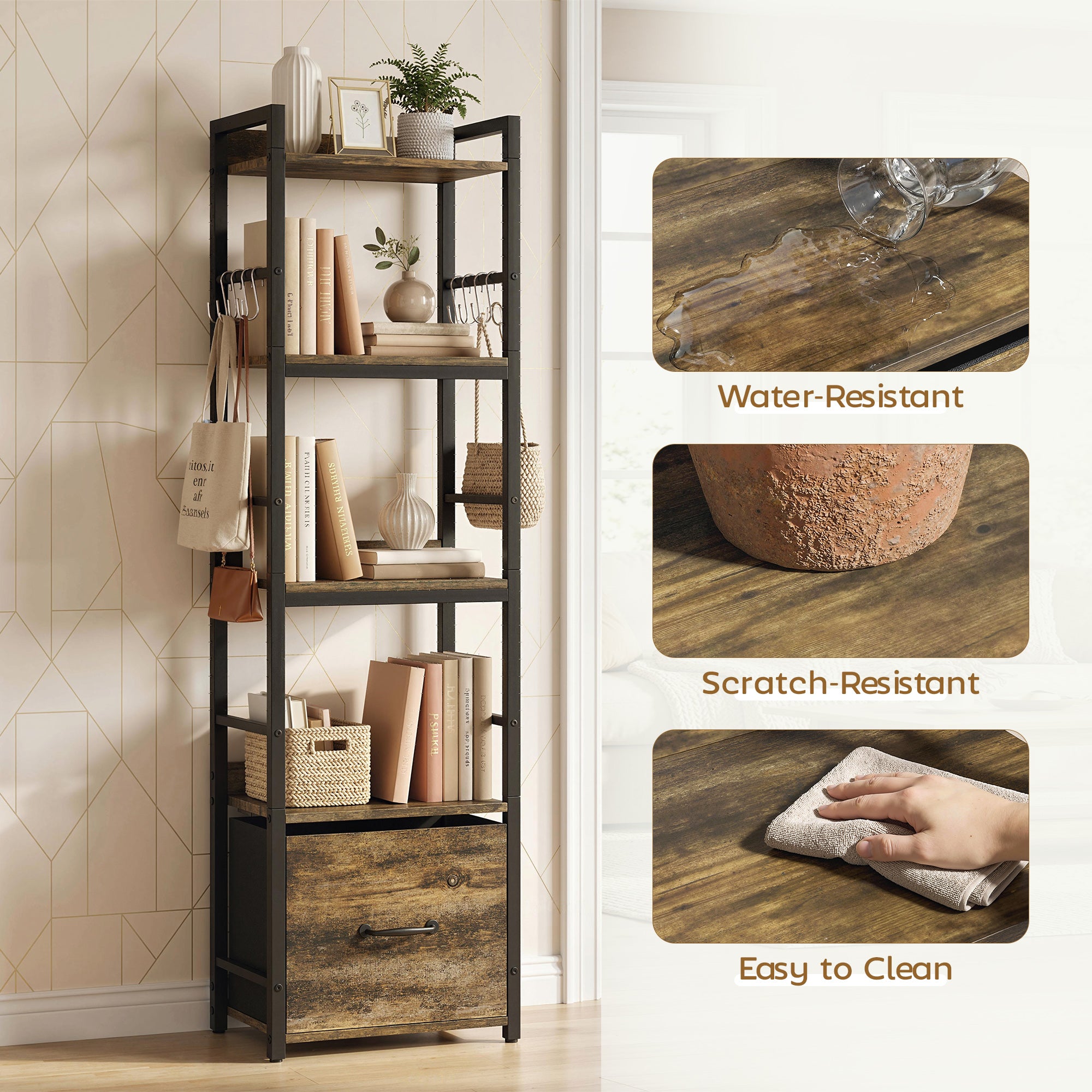 HOMCOM 4-Tier Bookshelf, Narrow Bookcase with Drawer, 8 Hooks, Metal Frame, Rustic Brown