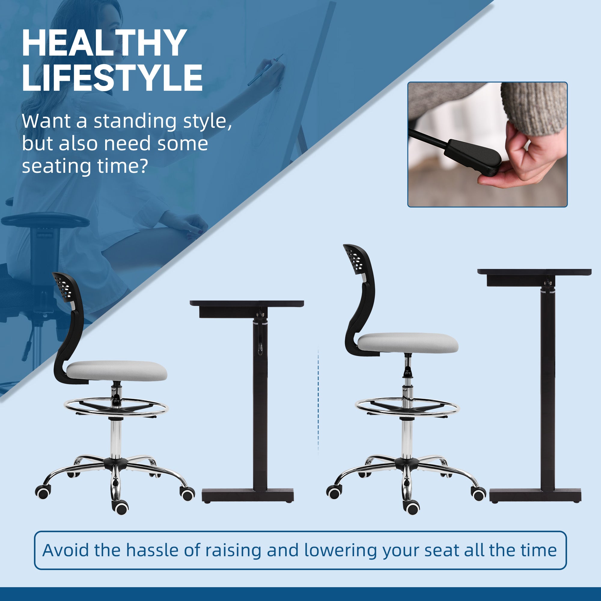 Vinsetto 68-88cm Draughtsman Office Chair, with Wheels - Light Grey - North Peak Garden Furniture