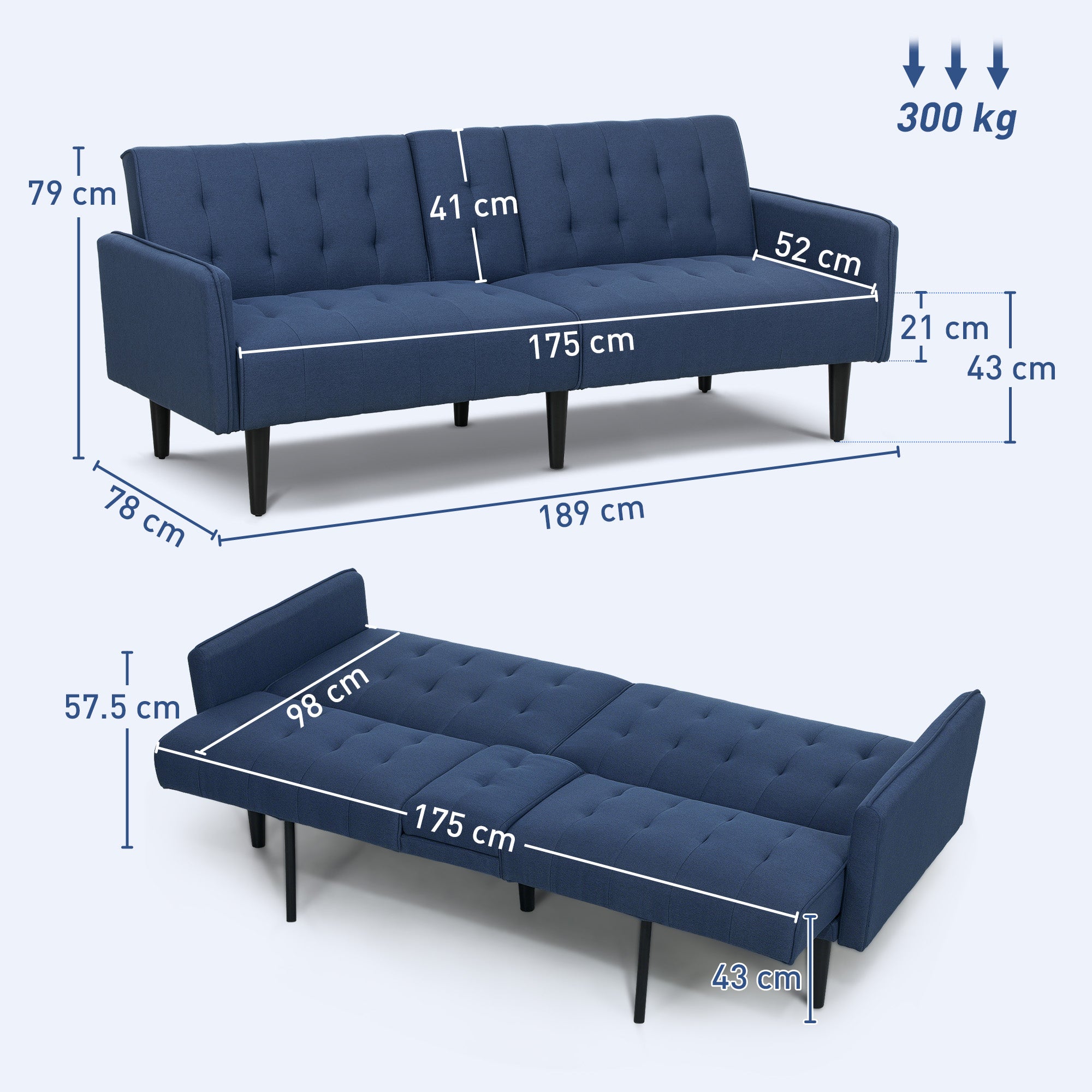 HOMCOM Upholstered Click Clack Sofa Bed, Linen-Feel 3 Seater Sofa Bed with Storage and Cupholders, Dark Blue - North Peak Garden Furniture