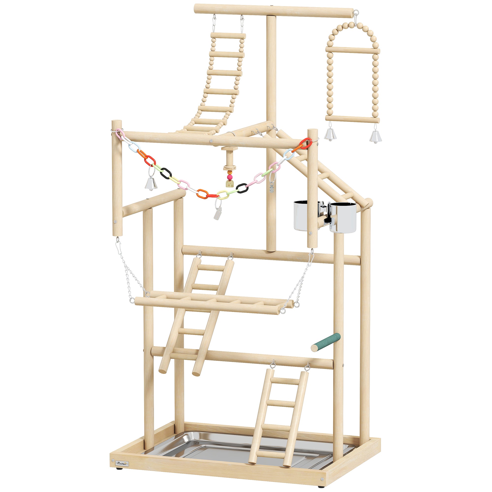 PawHut 95 cm Wooden Bird Playground with Ladders, Chain Toy, Stainless Steel Cups and Tray, Bird Cage Accessories, Natural