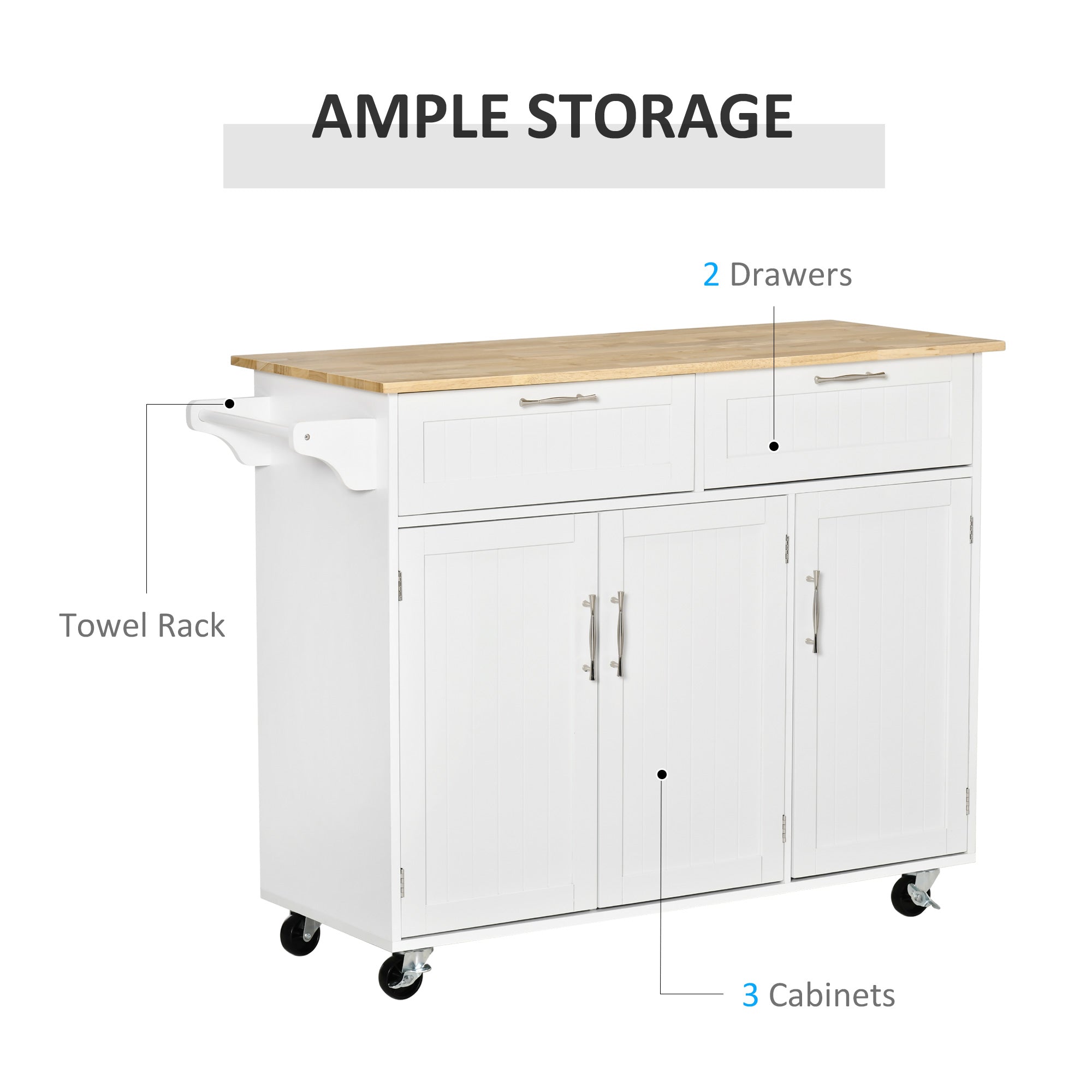 HOMCOM Kitchen Island Utility Cart, with 2 Storage Drawers & Cabinets for Dining Room, White - North Peak Garden Furniture