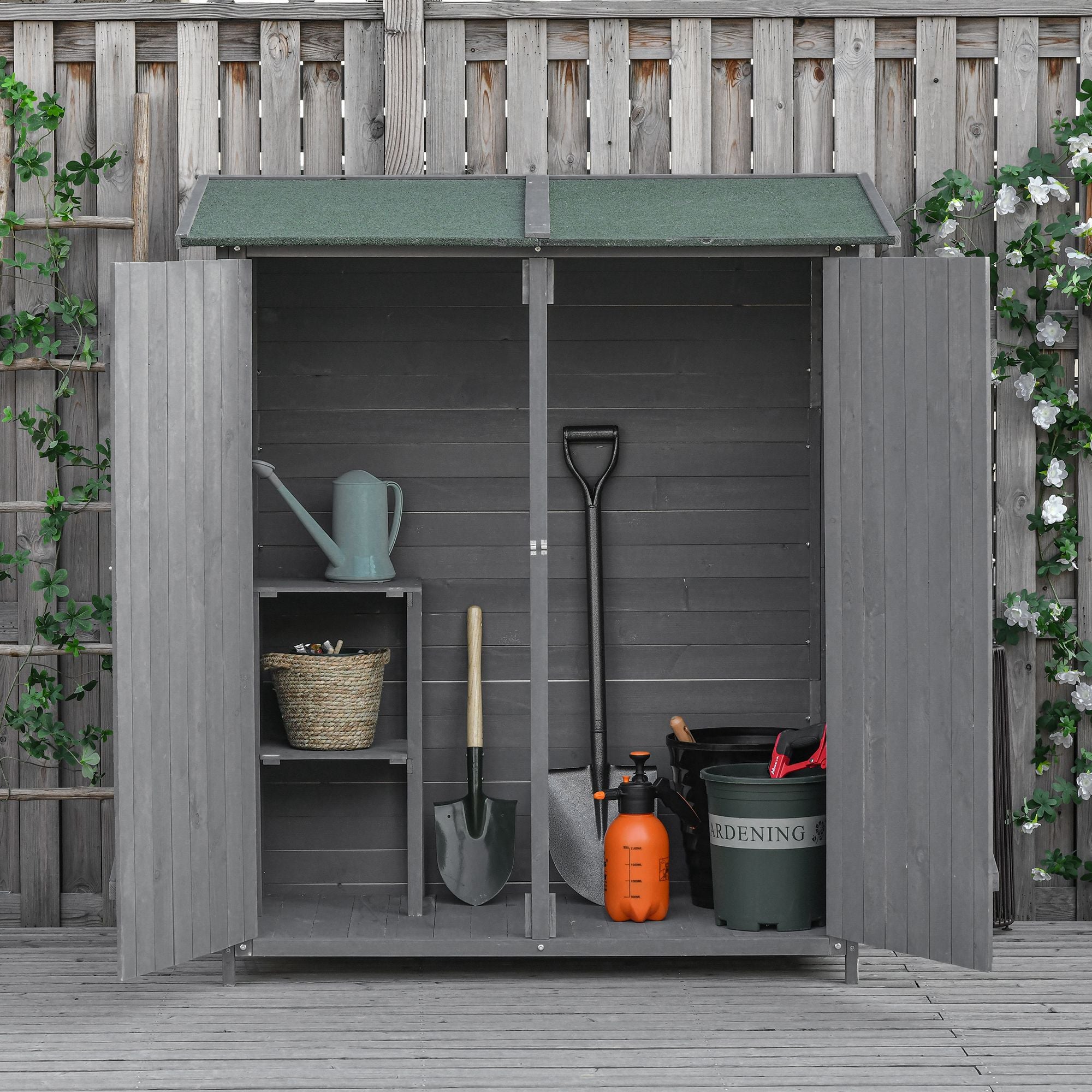 Outsunny 139 x 75 Fir Wood Garden Shed, with Asphalt Roof - Grey - North Peak Garden Furniture